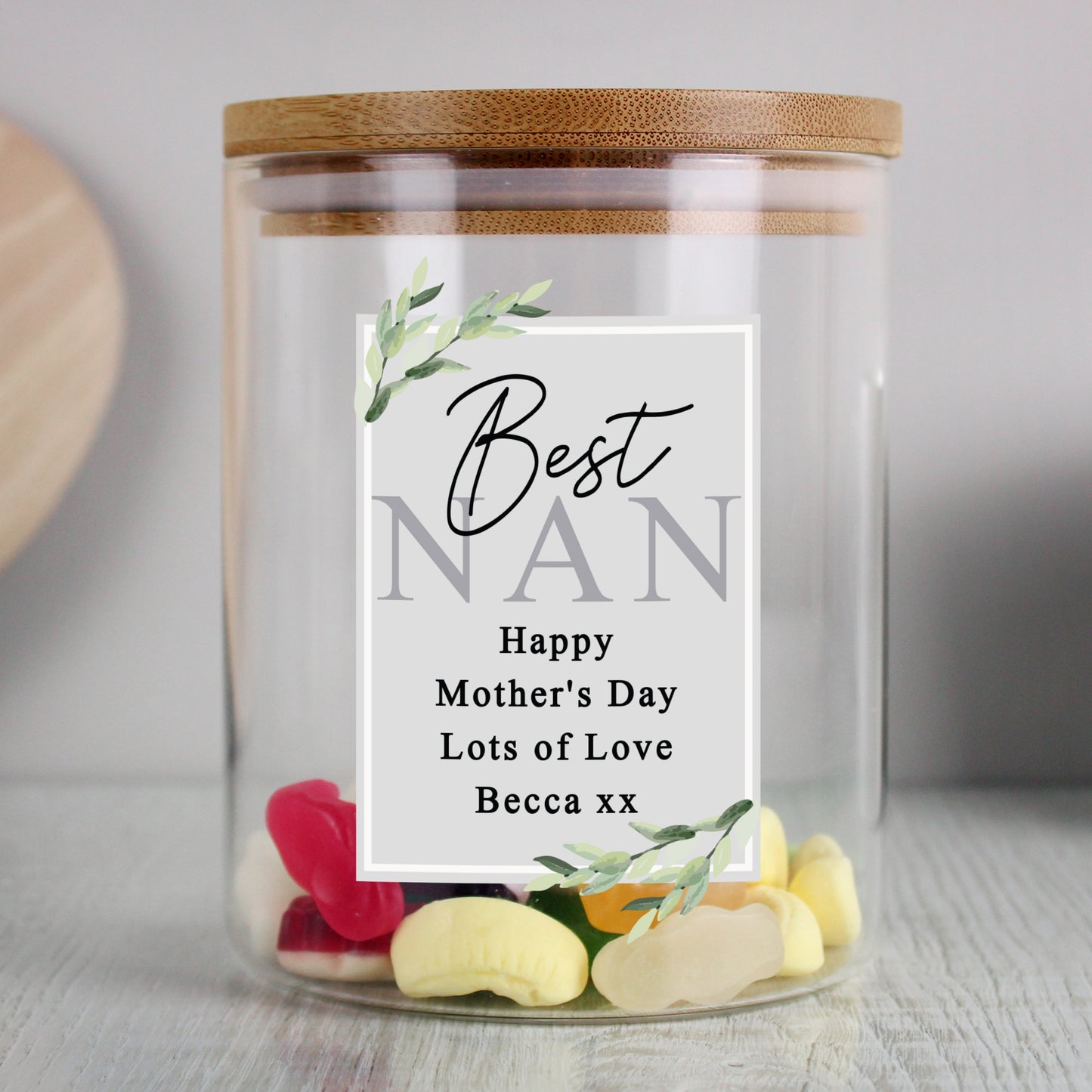 Personalised Botanical Glass Jar with Bamboo Lid - MK&JD Gifts