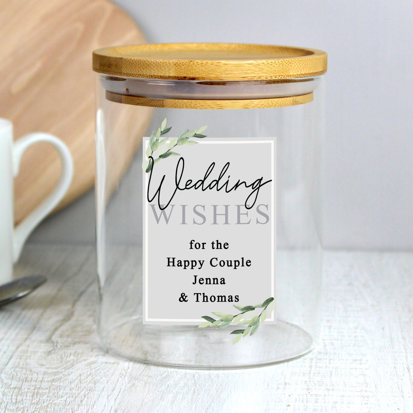 Personalised Botanical Glass Jar with Bamboo Lid - MK&JD Gifts