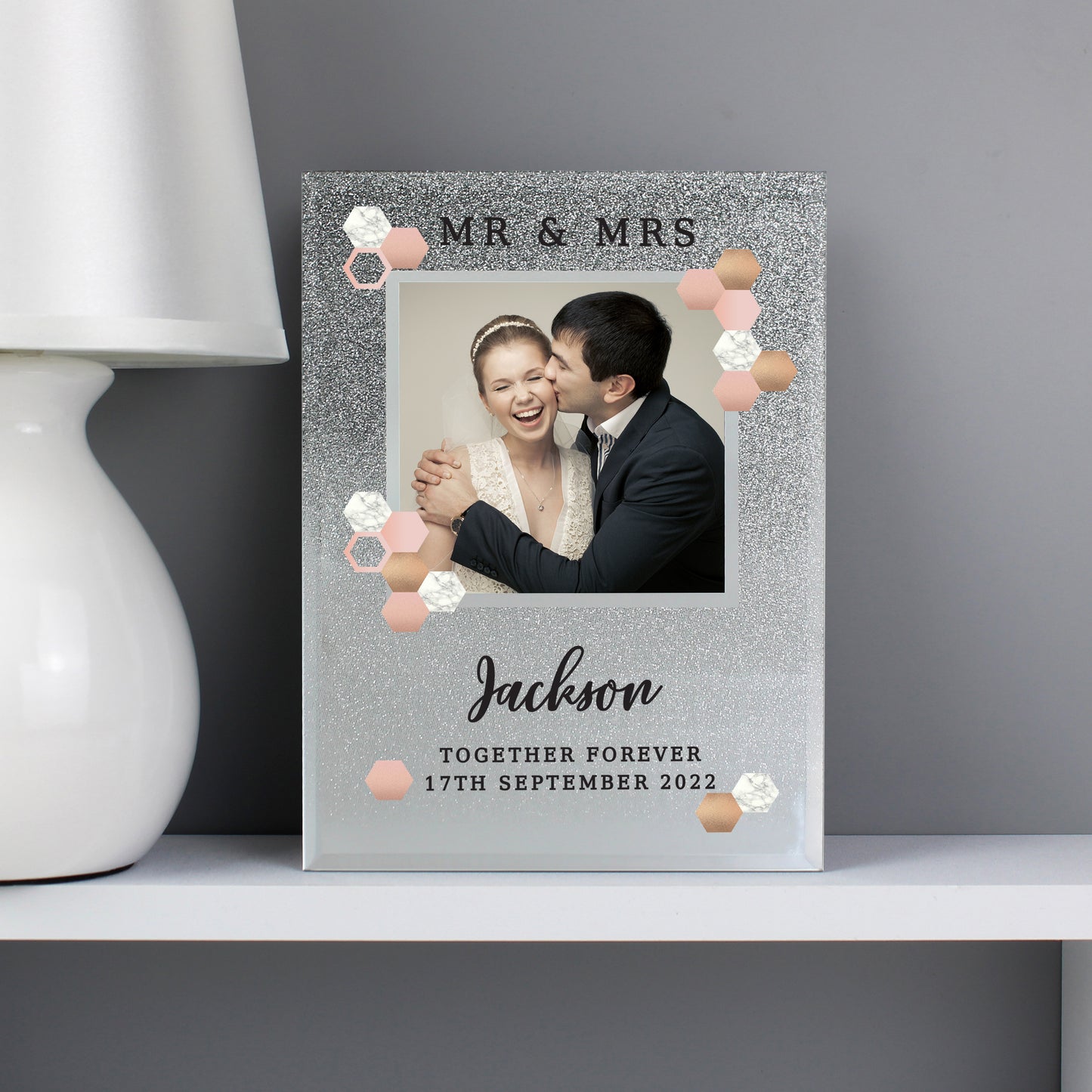 Personalised Cute Hexagon Design 4x4 Glitter Glass Photo Frame - MK&JD Gifts