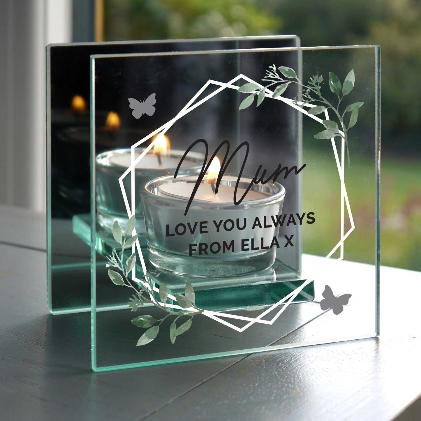 Personalised Botanical Mirrored Glass Tea Light Candle Holder - MK&JD Gifts