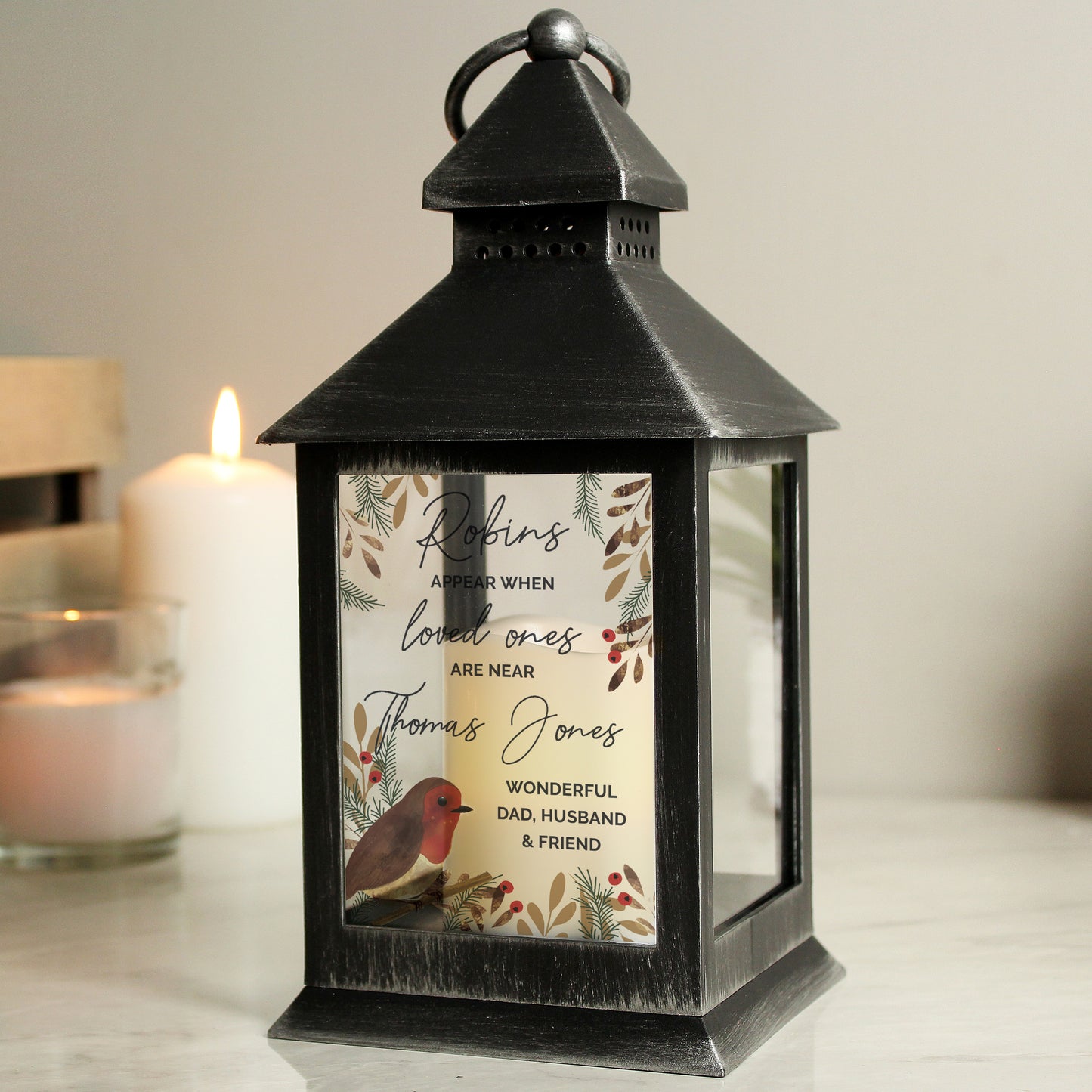 Personalised Robins Appear.. Memorial Black Lantern - MK&JD Gifts