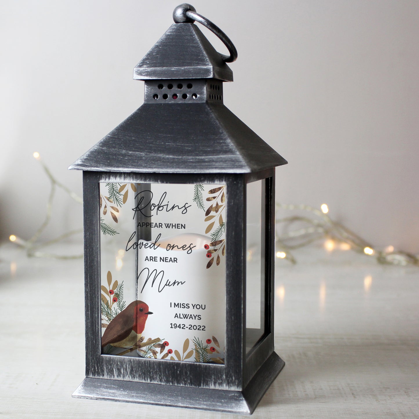 Personalised Robins Appear.. Memorial Black Lantern - MK&JD Gifts
