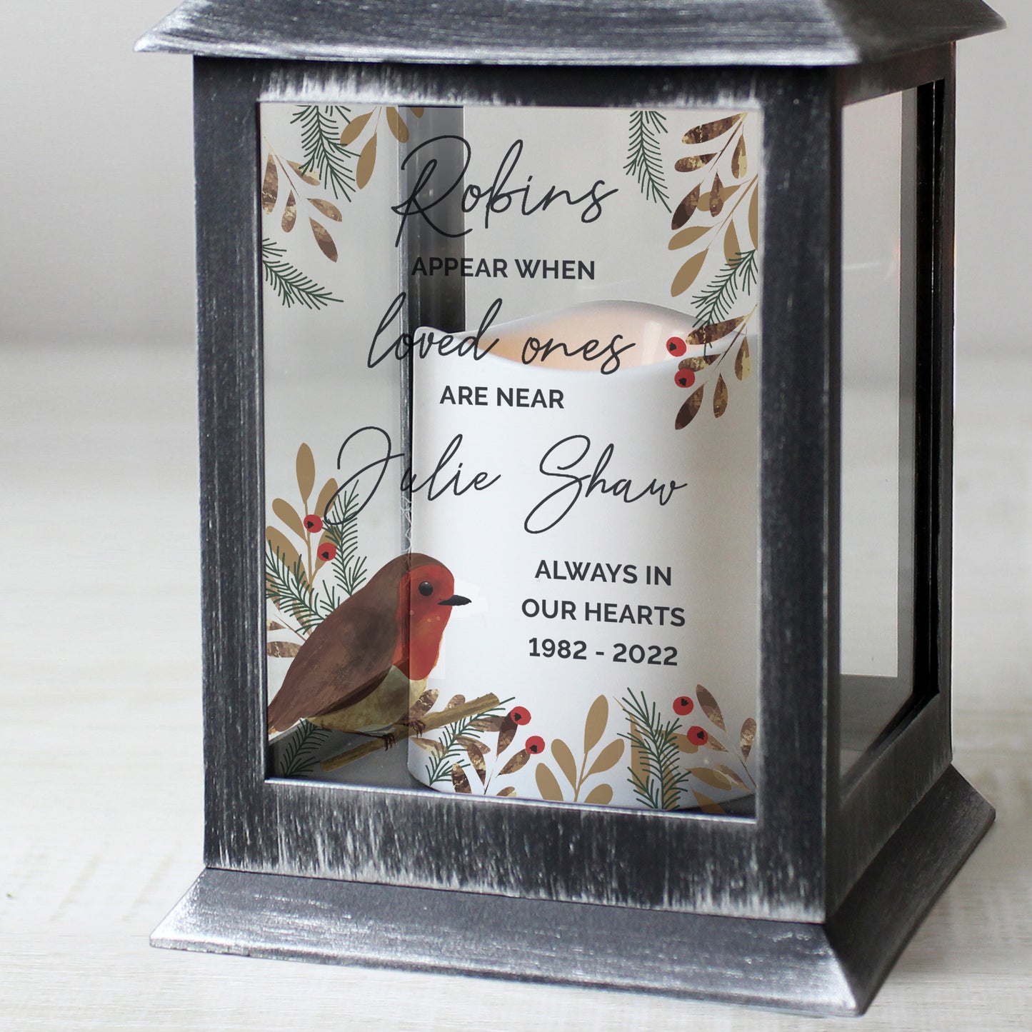 Personalised Robins Appear.. Memorial Black Lantern - MK&JD Gifts