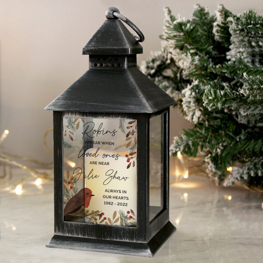 Personalised Robins Appear.. Memorial Black Lantern - MK&JD Gifts