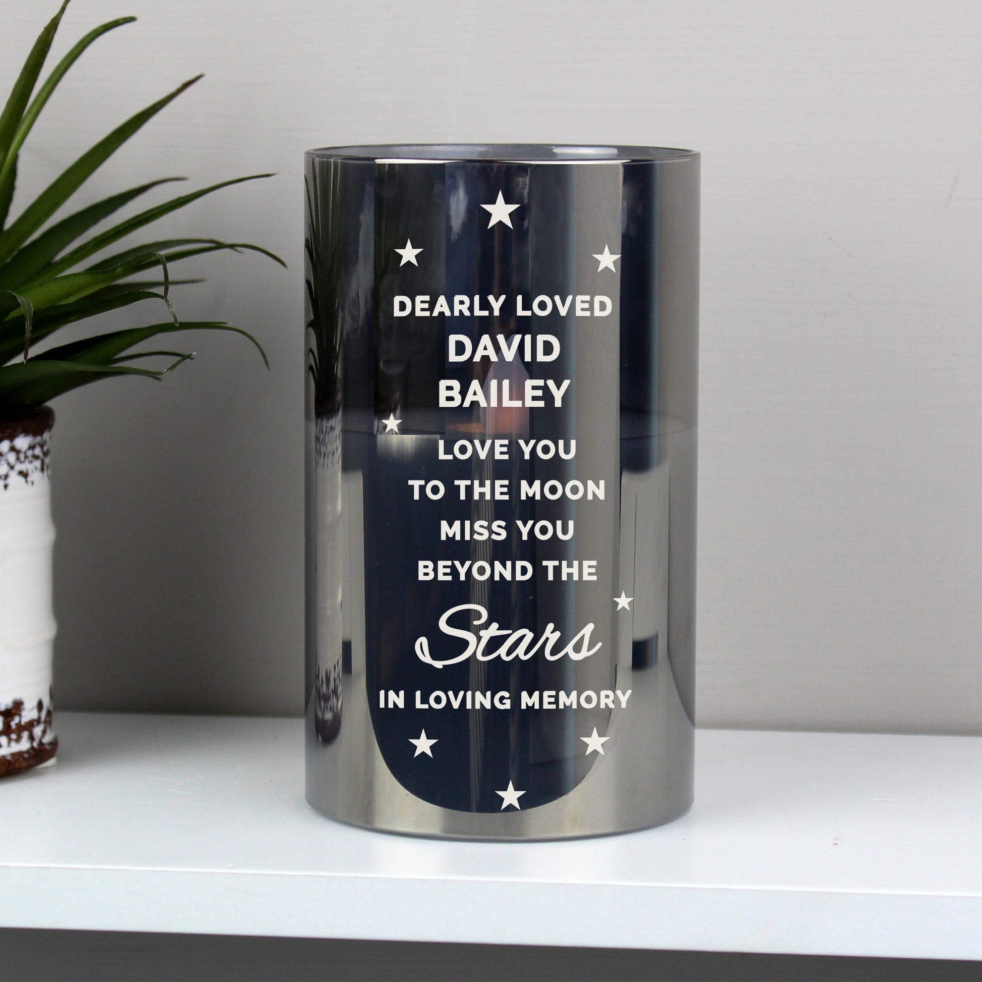 Personalised Miss You Beyond The Stars Smoked Glass LED Candle - MK&JD Gifts