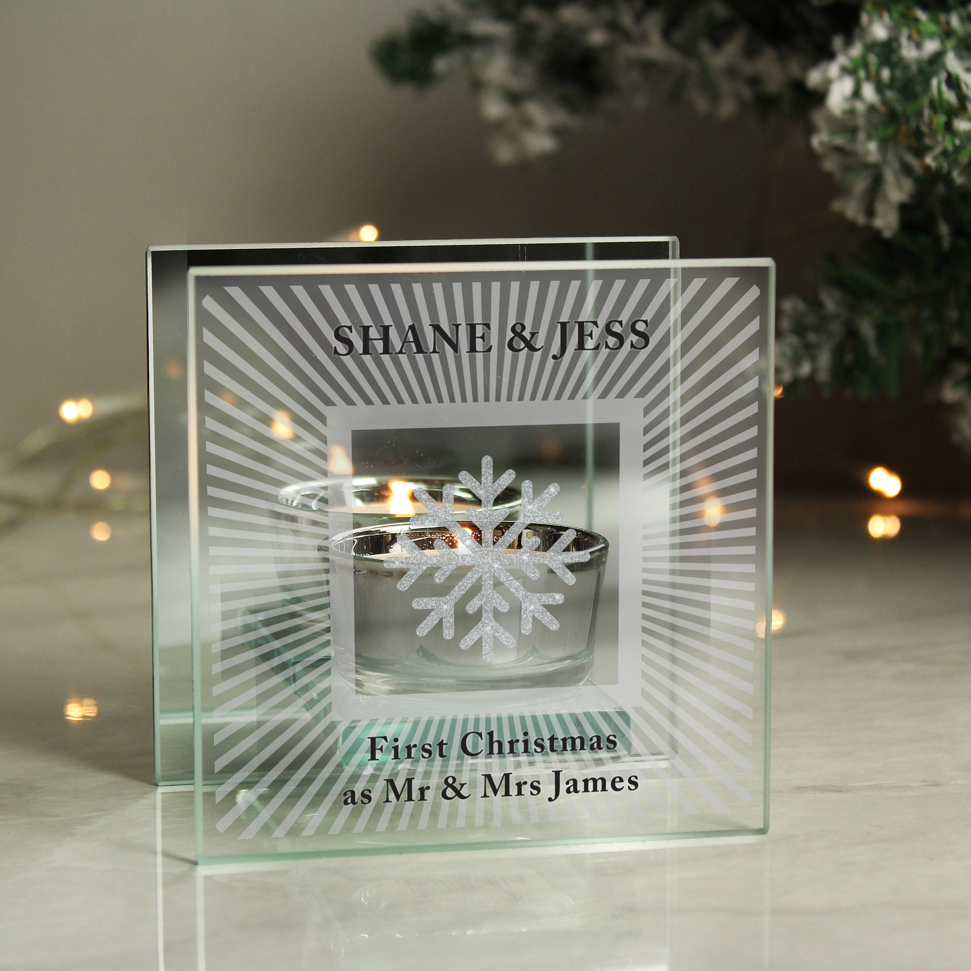 Personalised Snowflake Silver Glitter Tea Light Holder - MK&JD Gifts