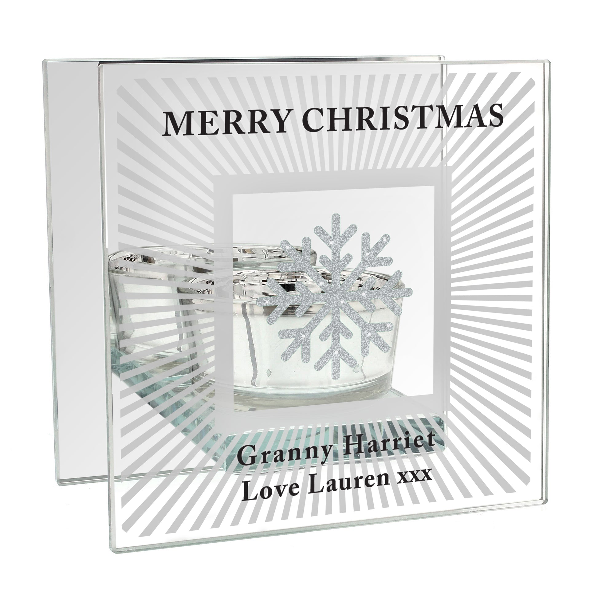 Personalised Snowflake Silver Glitter Tea Light Holder - MK&JD Gifts