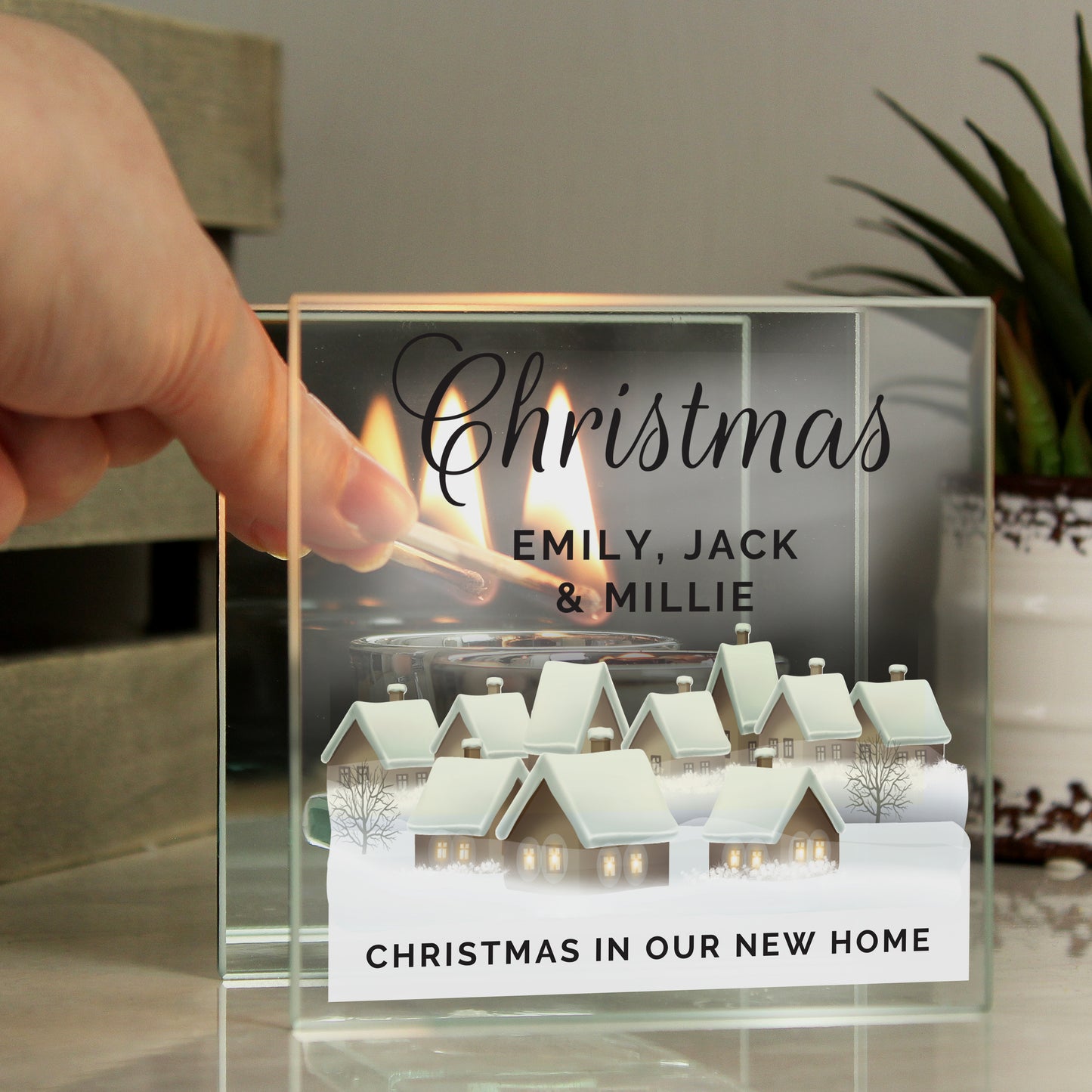 Personalised Christmas Village Mirrored Glass Tea Light Candle Holder - MK&JD Gifts