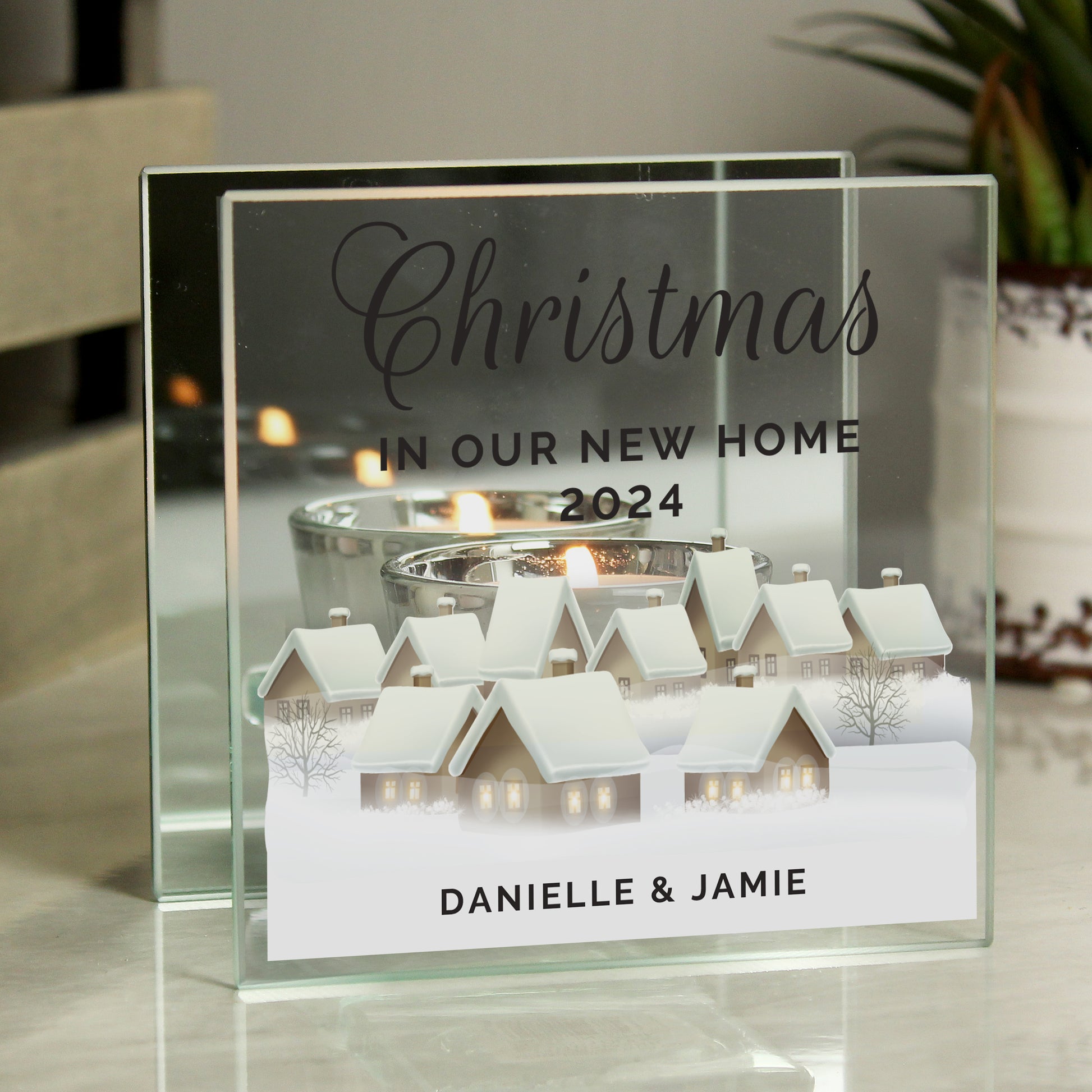 Personalised Christmas Village Mirrored Glass Tea Light Candle Holder - MK&JD Gifts