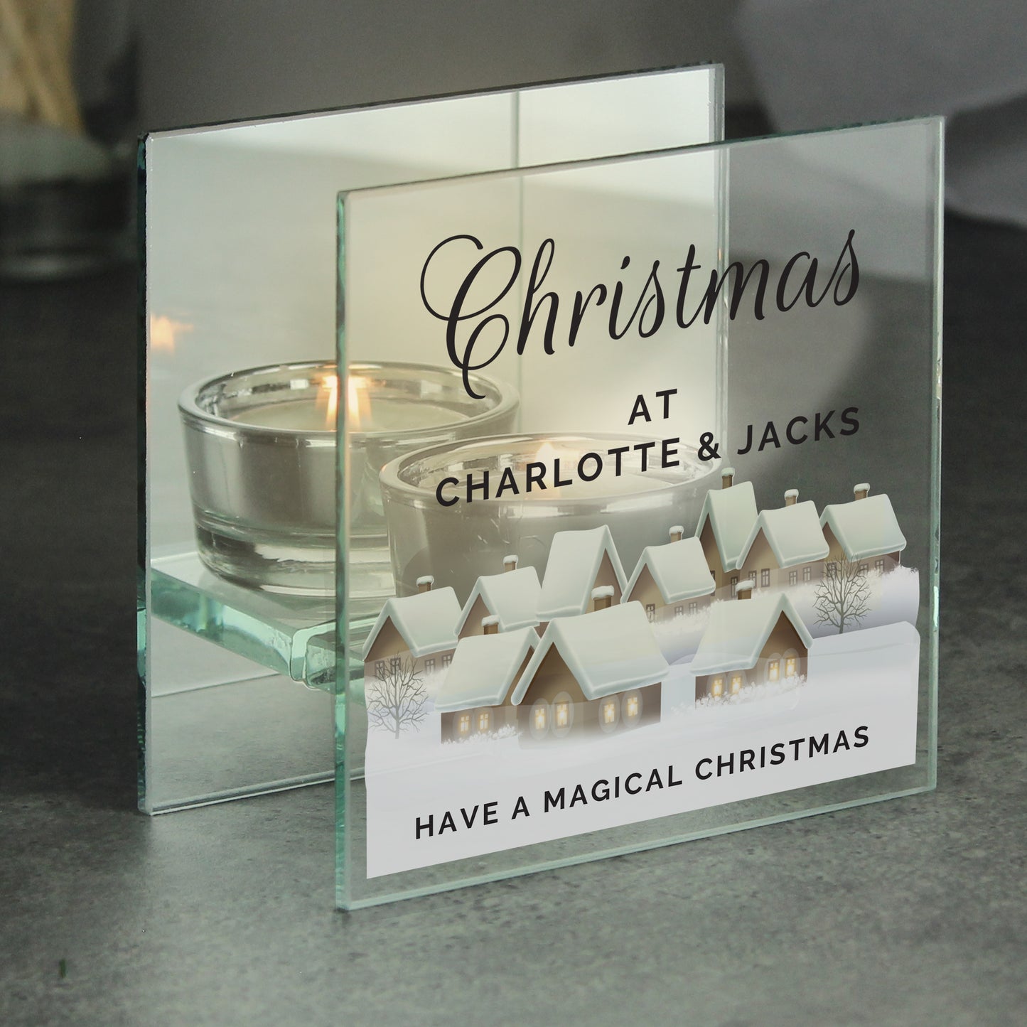 Personalised Christmas Village Mirrored Glass Tea Light Candle Holder - MK&JD Gifts