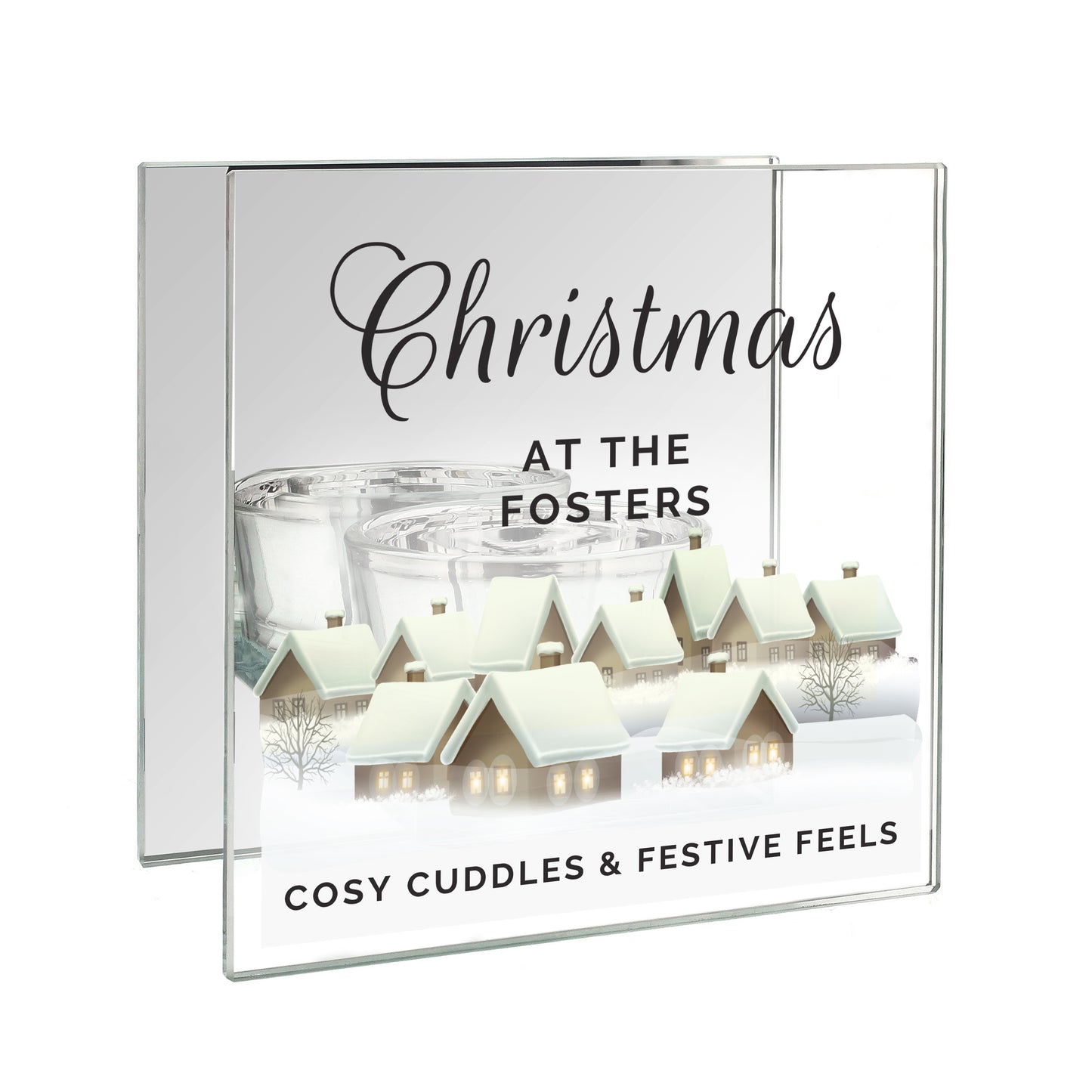 Personalised Christmas Village Mirrored Glass Tea Light Candle Holder - MK&JD Gifts