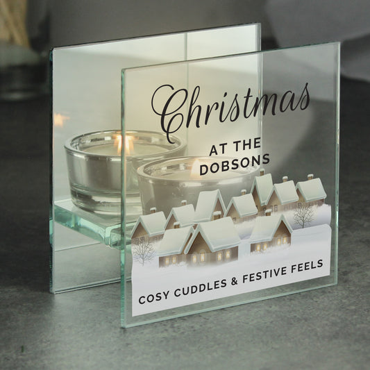 Personalised Christmas Village Mirrored Glass Tea Light Candle Holder - MK&JD Gifts