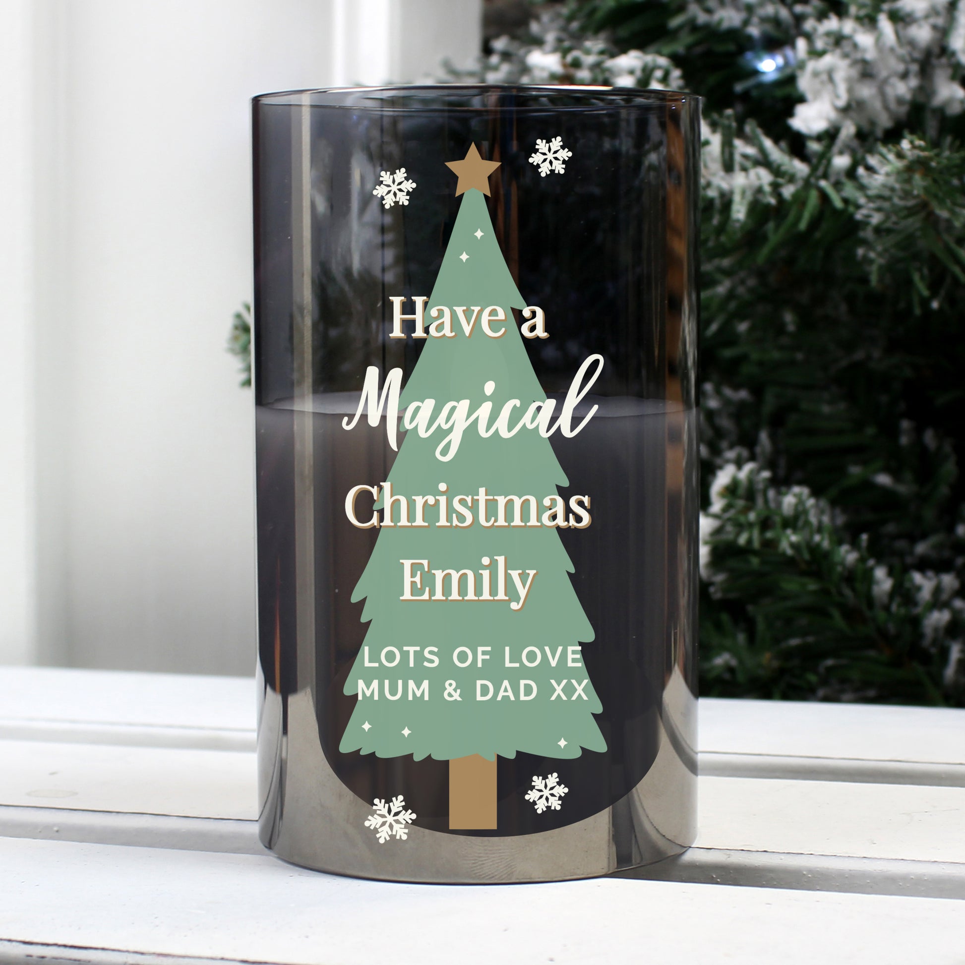 Personalised Christmas Tree Smoked Glass LED Candle - MK&JD Gifts