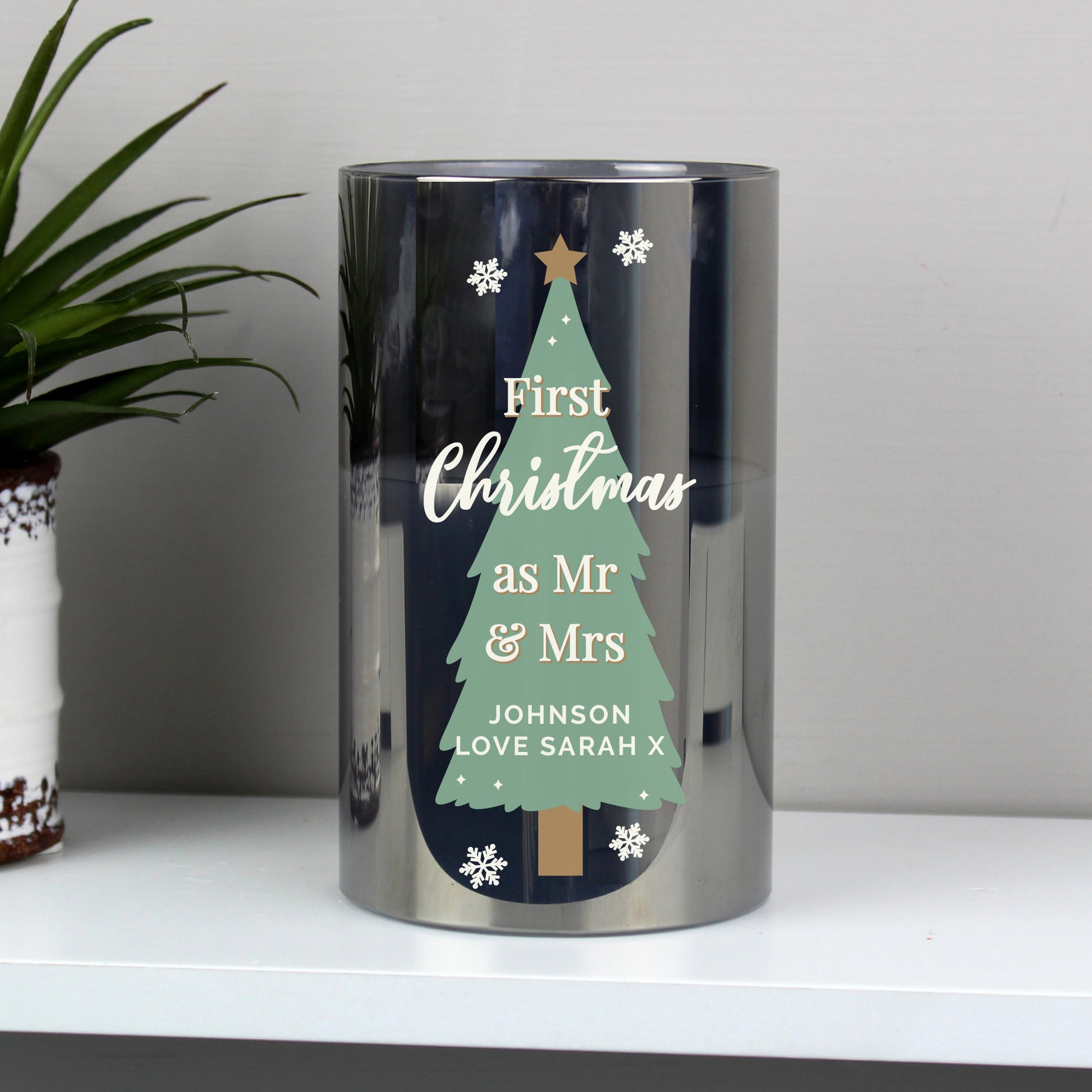 Personalised Christmas Tree Smoked Glass LED Candle - MK&JD Gifts