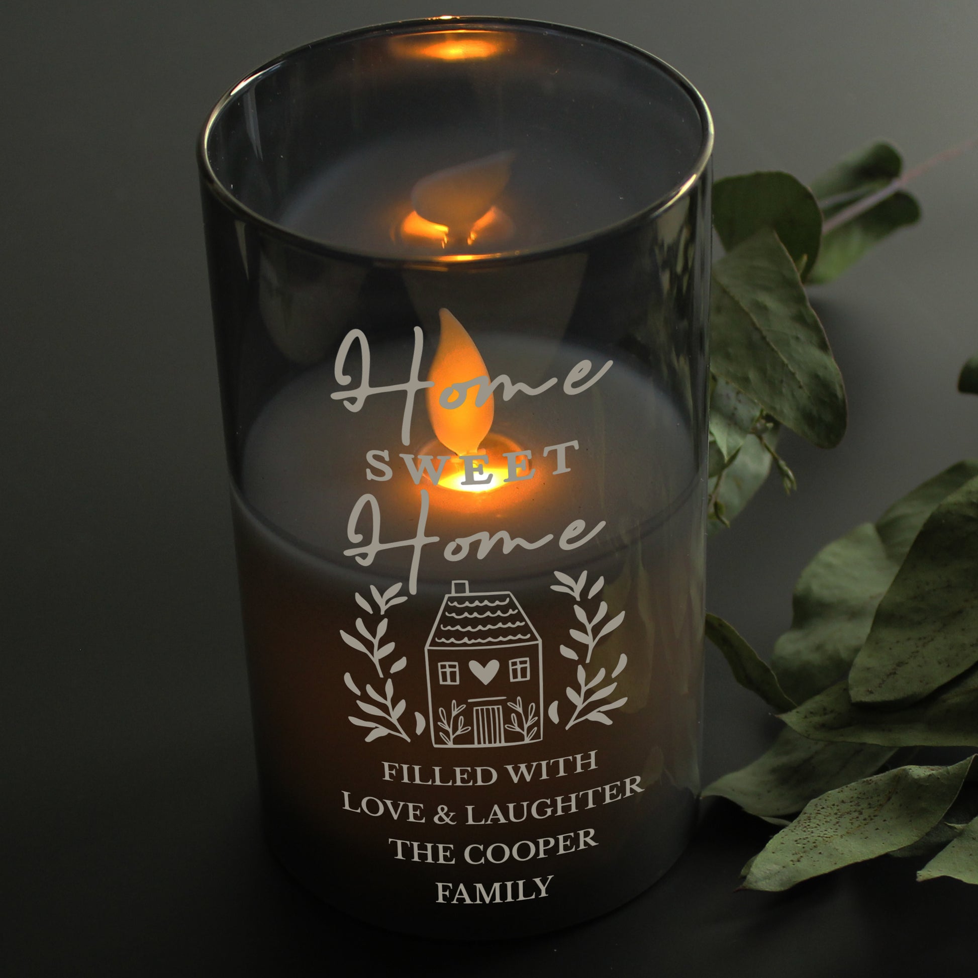 Personalised HOME Smoked Glass LED Candle - MK&JD Gifts