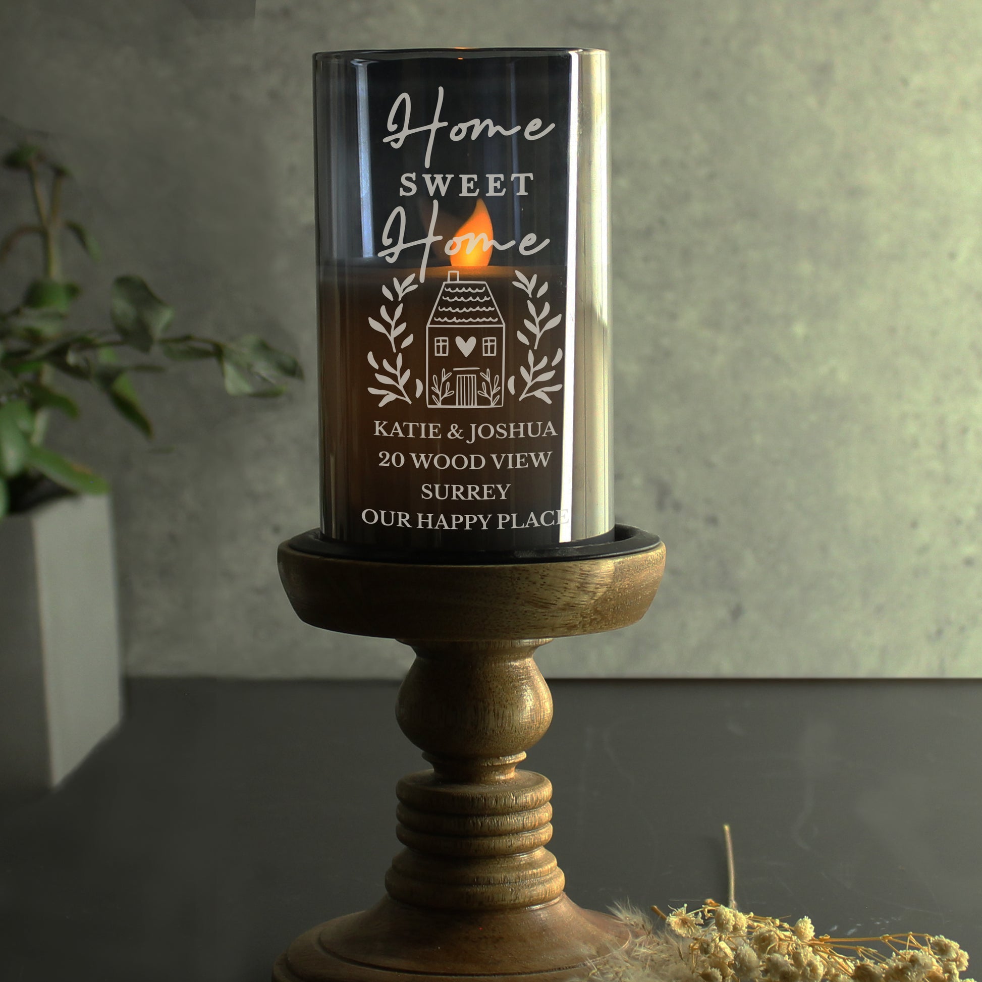 Personalised HOME Smoked Glass LED Candle - MK&JD Gifts