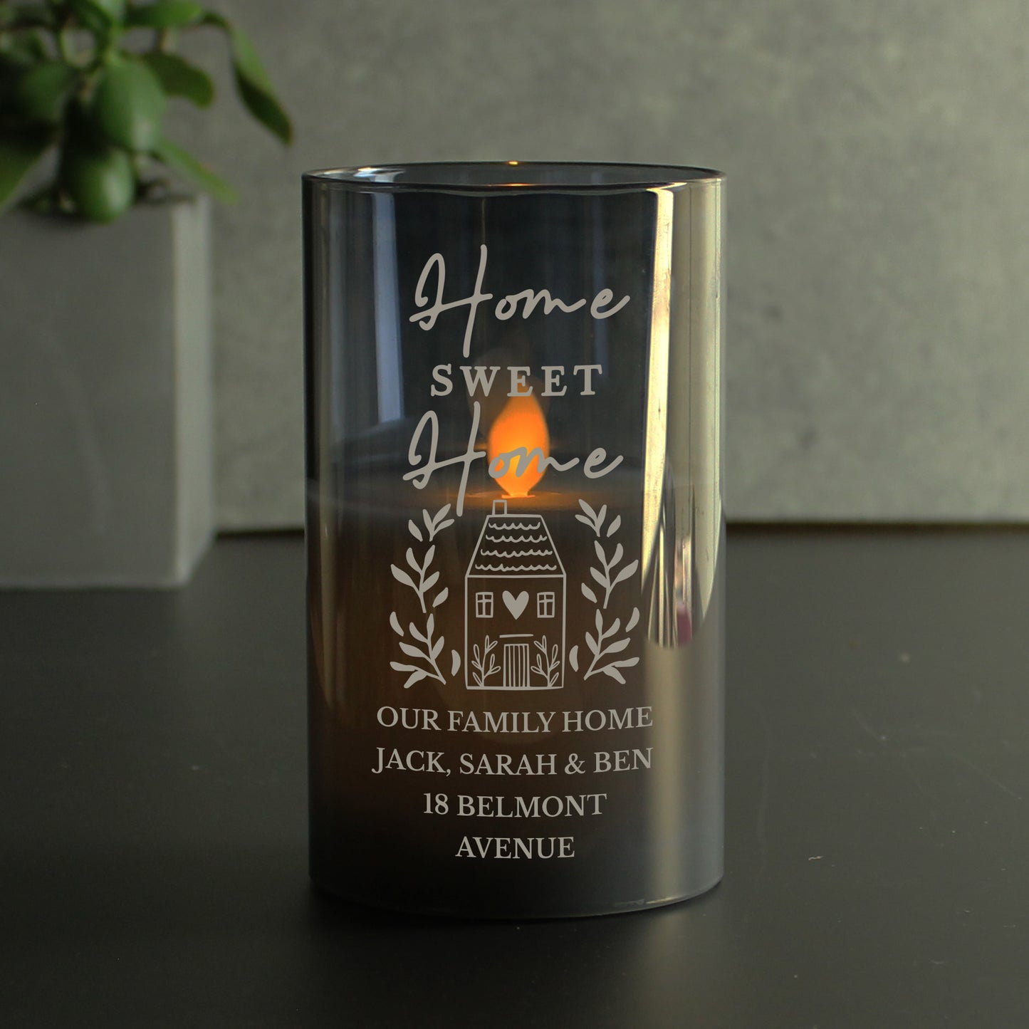 Personalised HOME Smoked Glass LED Candle - MK&JD Gifts