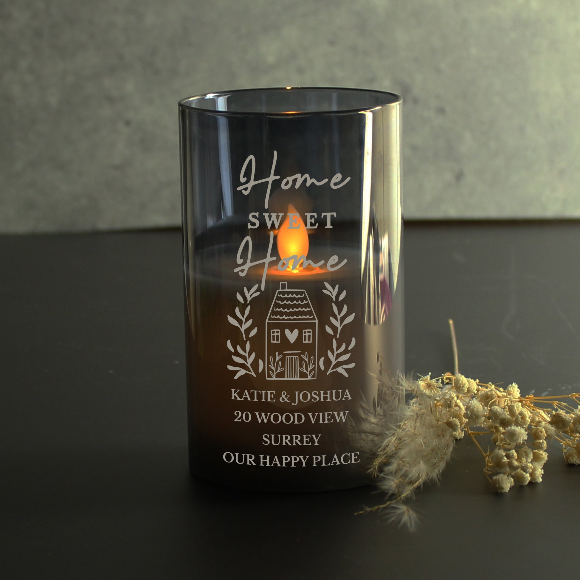Personalised HOME Smoked Glass LED Candle - MK&JD Gifts