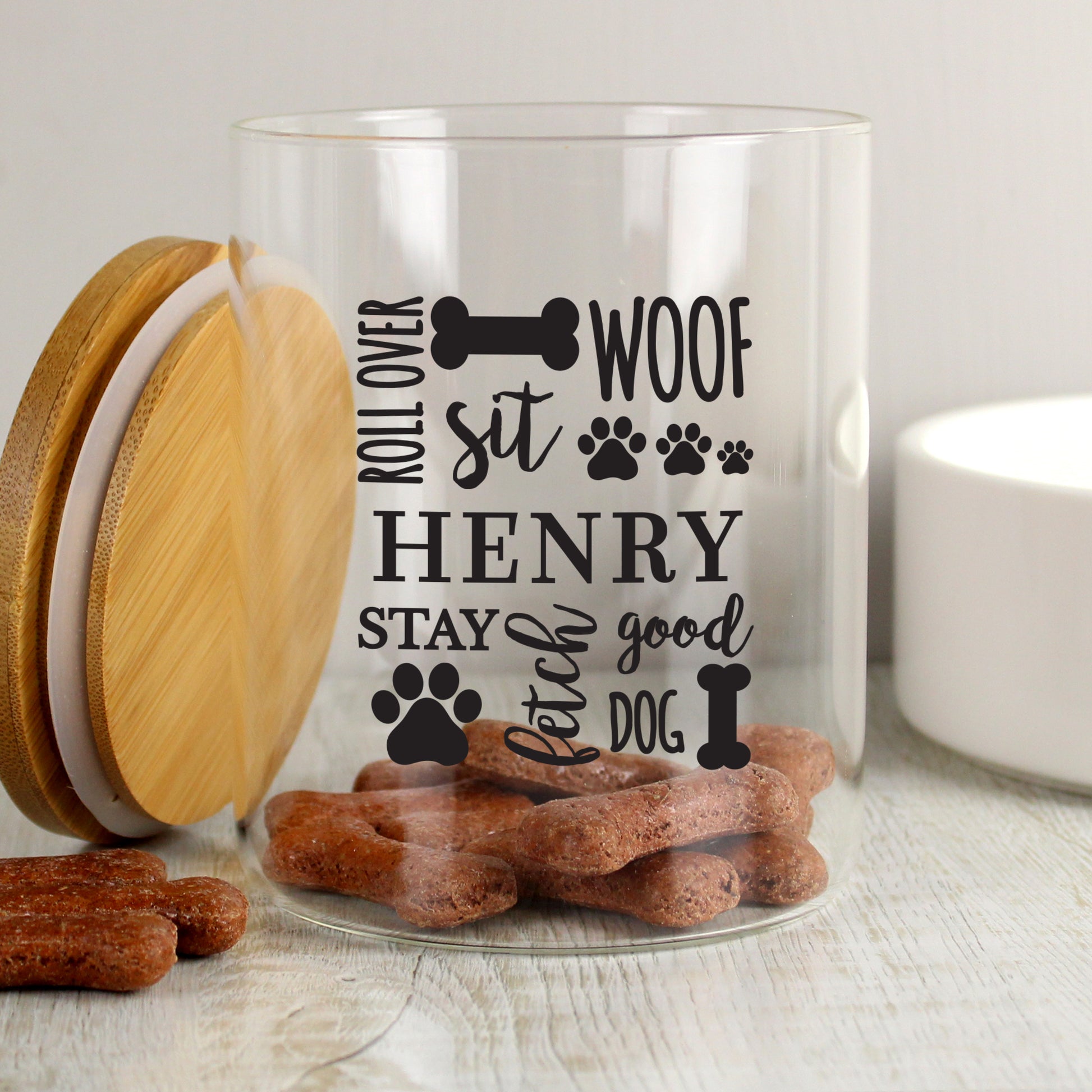 Personalised Glass Dog Treat Jar with Bamboo Lid - MK&JD Gifts
