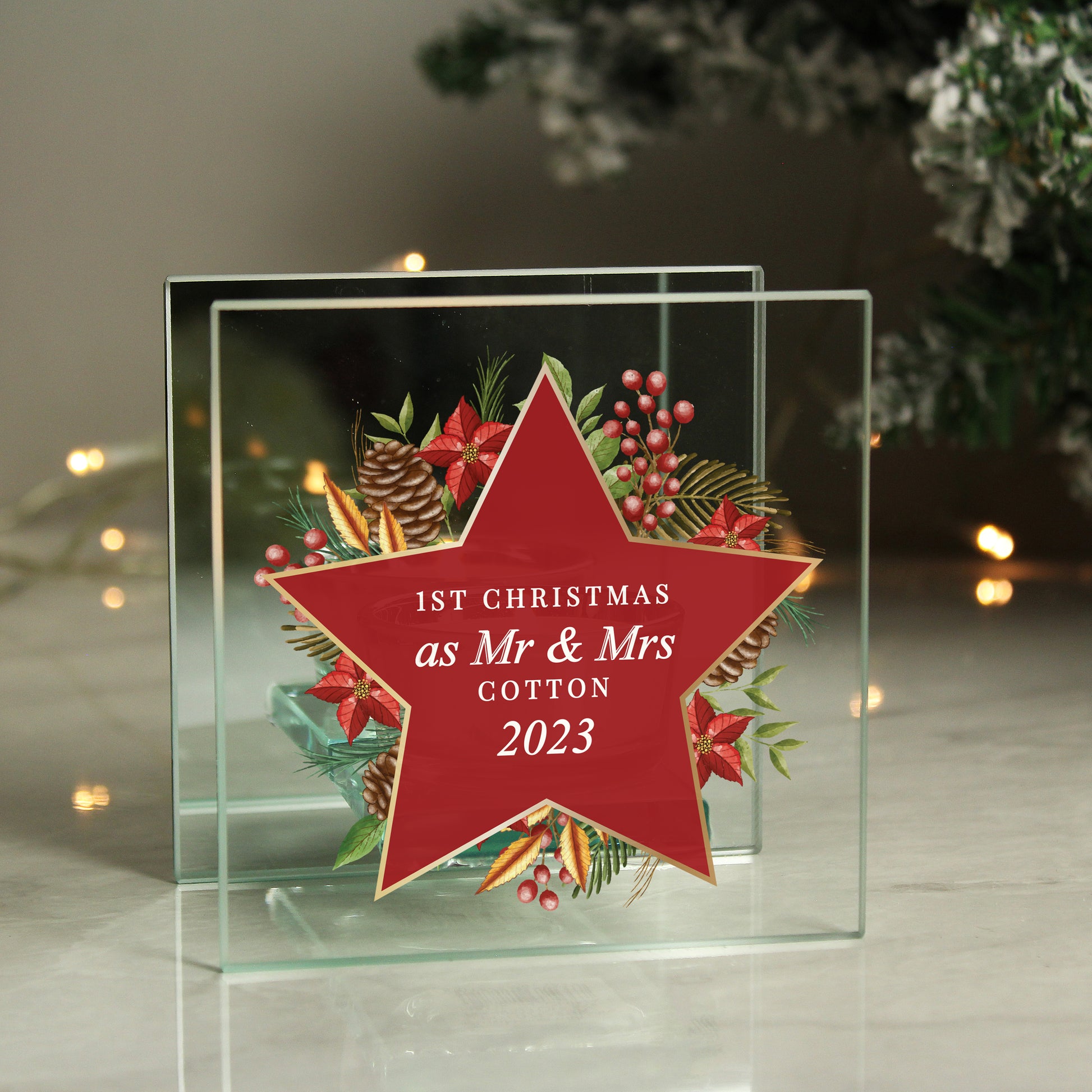 Personalised Christmas Glass Tea Light Candle Holder - MK&JD Gifts