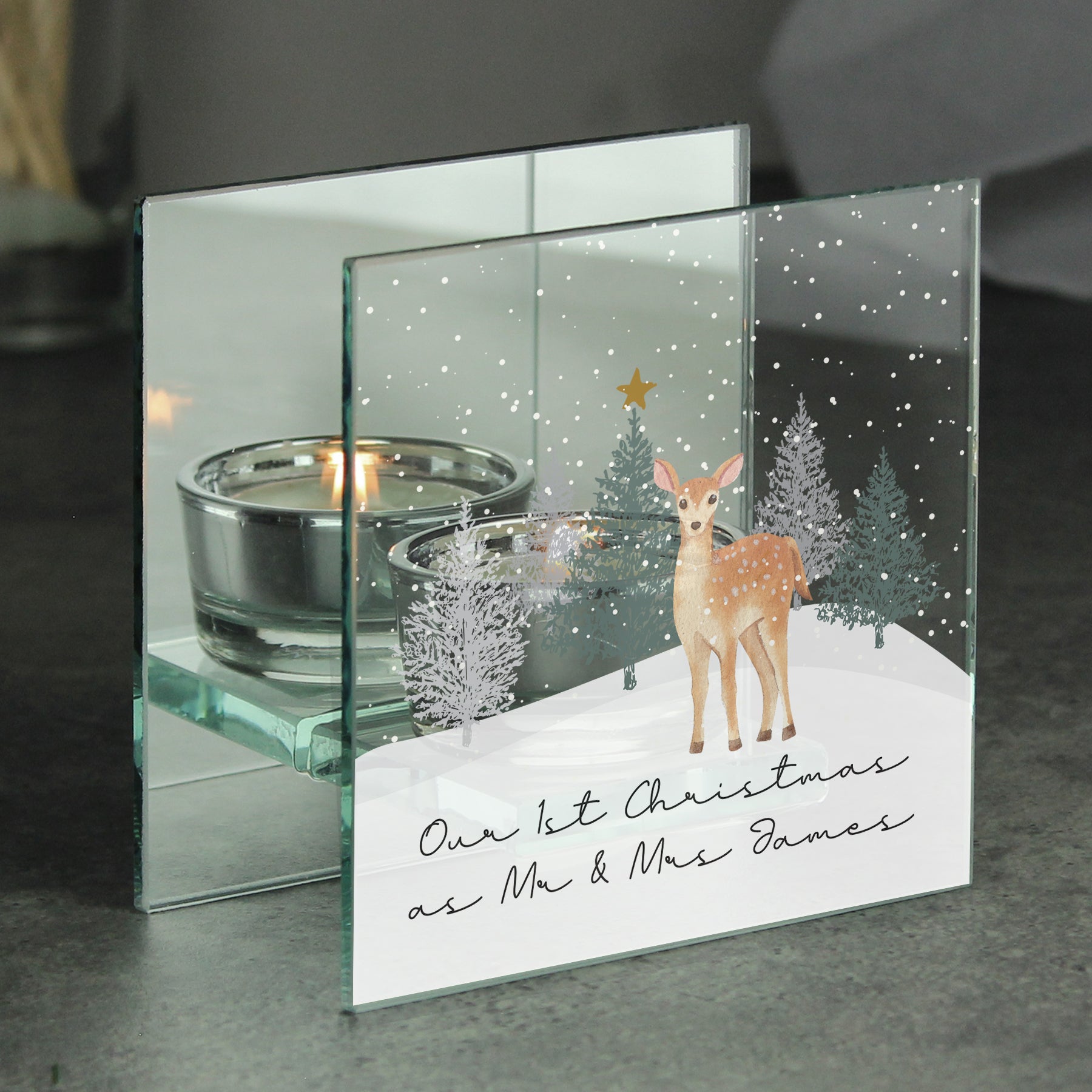Personalised Christmas Deer Glass Tea Light Candle Holder - MK&JD Gifts