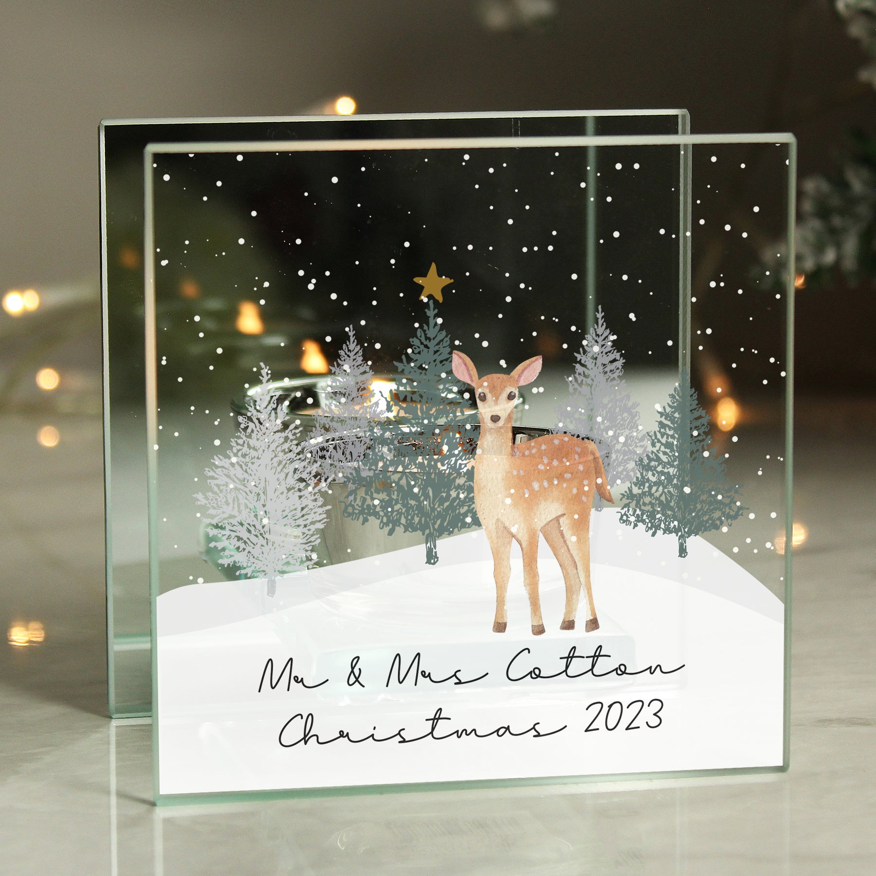 Personalised Christmas Deer Glass Tea Light Candle Holder - MK&JD Gifts