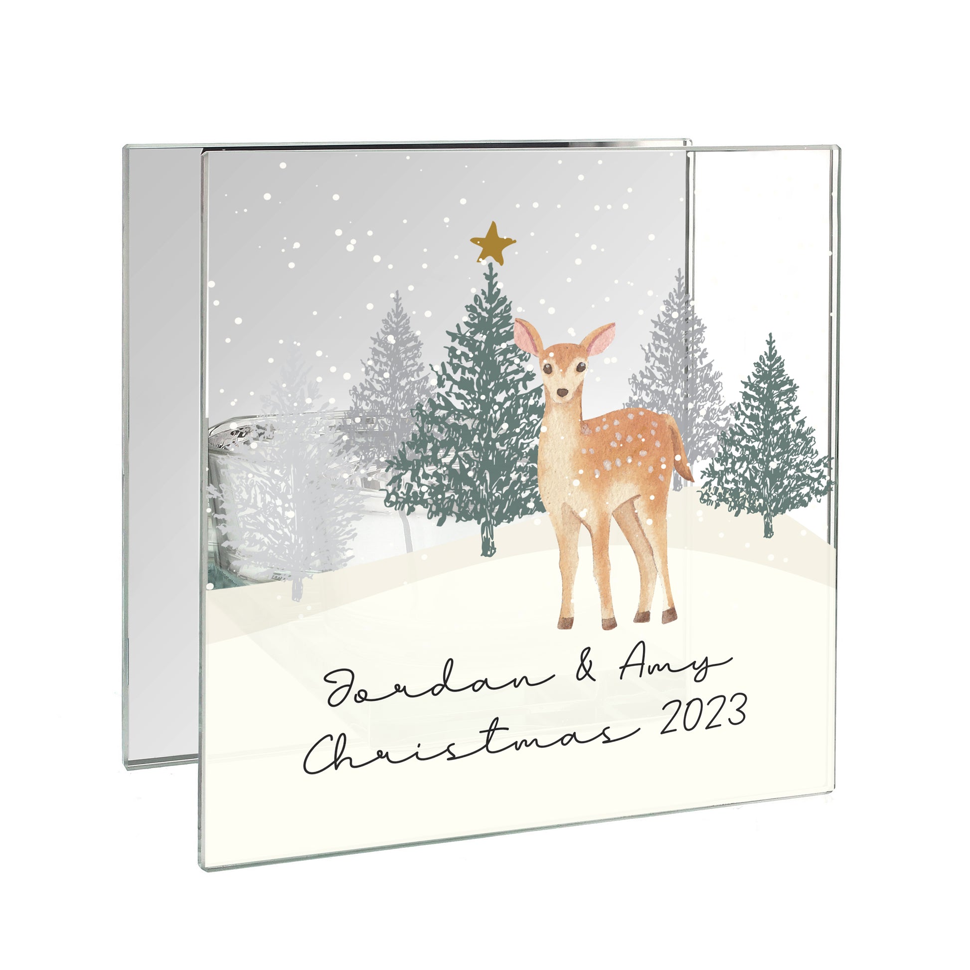 Personalised Christmas Deer Glass Tea Light Candle Holder - MK&JD Gifts