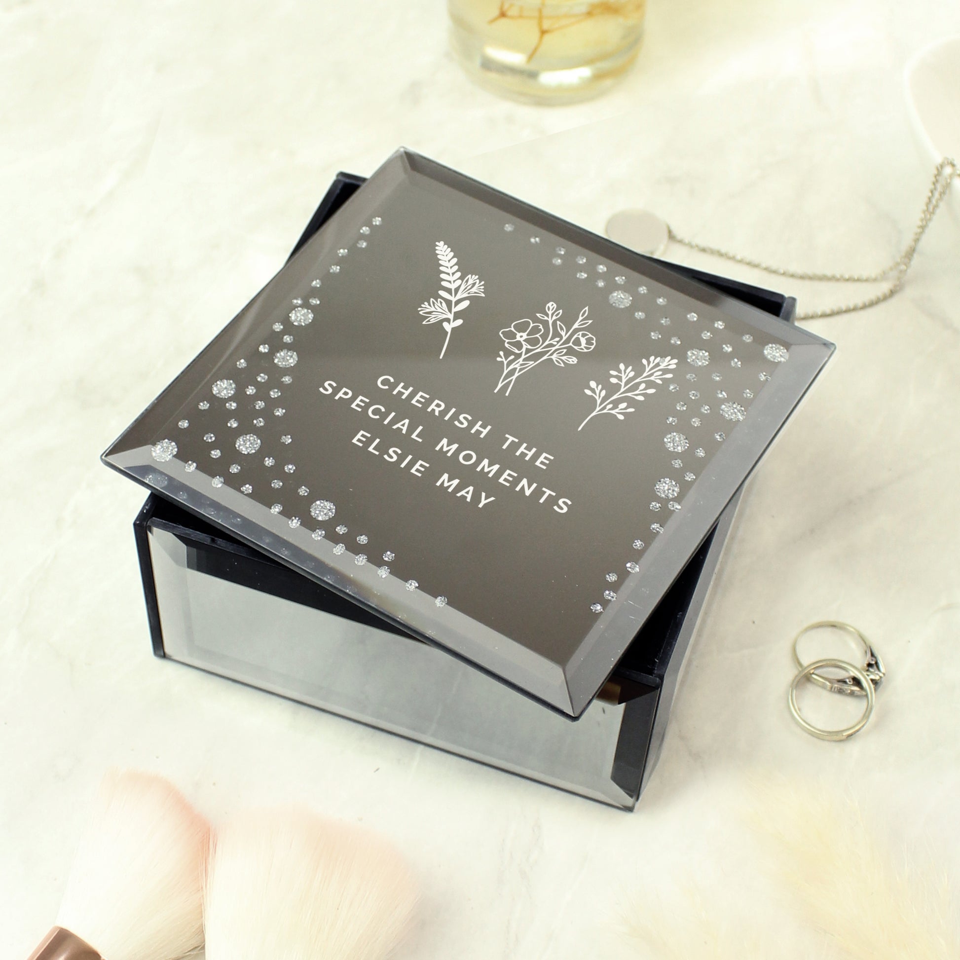 Personalised Floral Diamante Mirrored Trinket Box - MK&JD Gifts