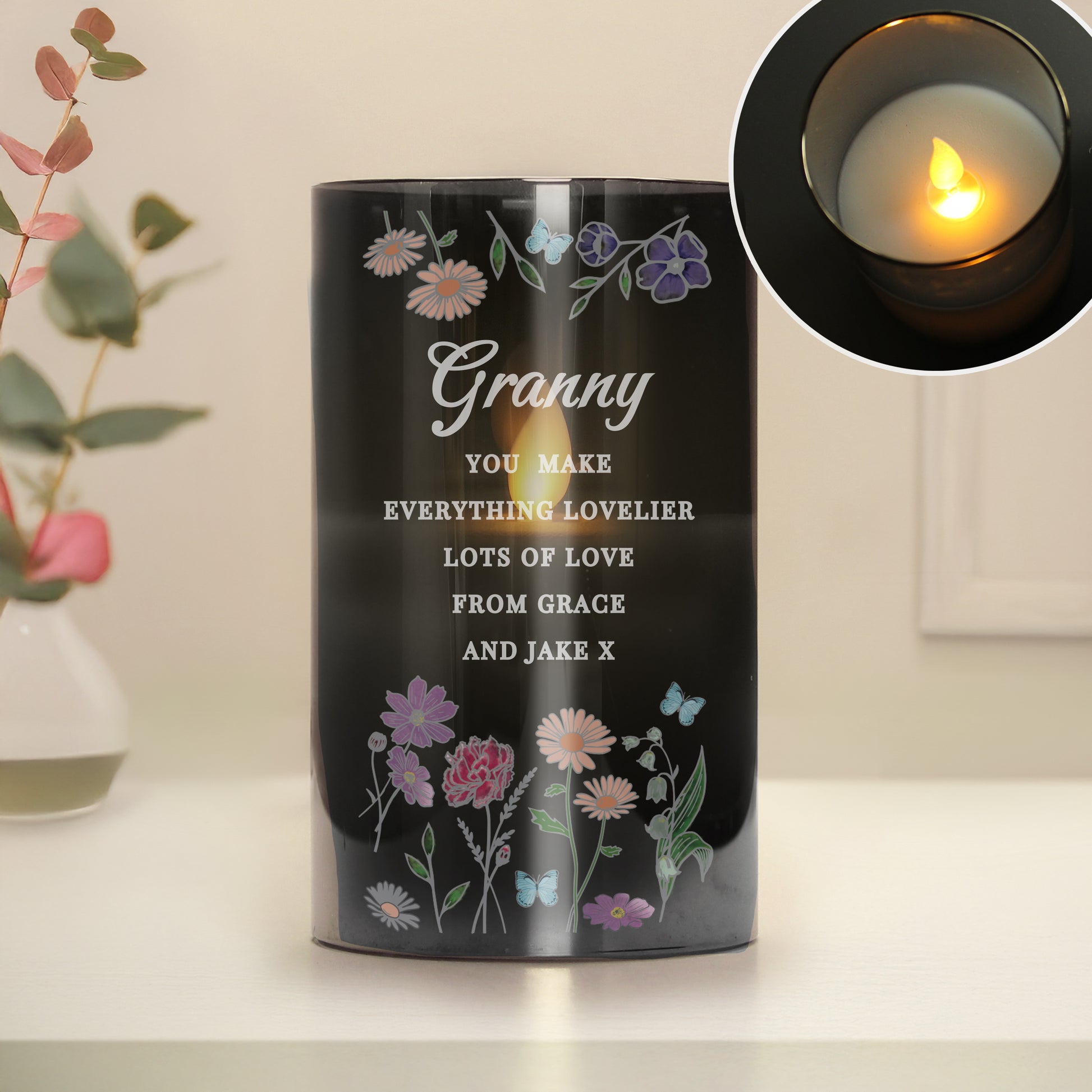 Personalised Wild Flowers Smoked Glass LED Candle - MK&JD Gifts