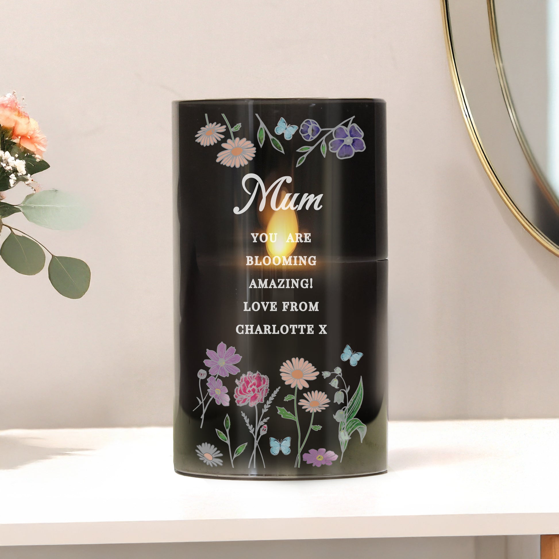 Personalised Wild Flowers Smoked Glass LED Candle - MK&JD Gifts