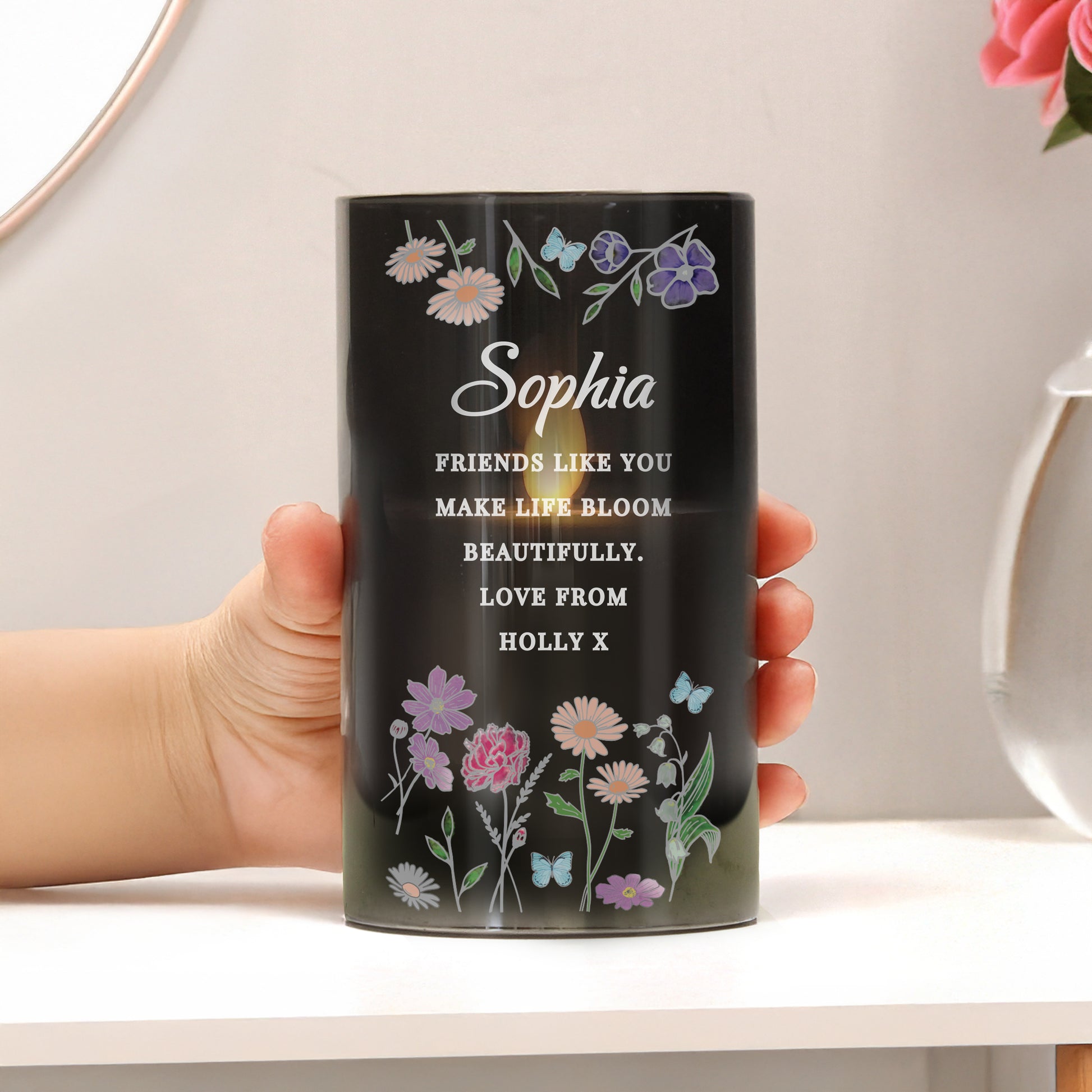 Personalised Wild Flowers Smoked Glass LED Candle - MK&JD Gifts