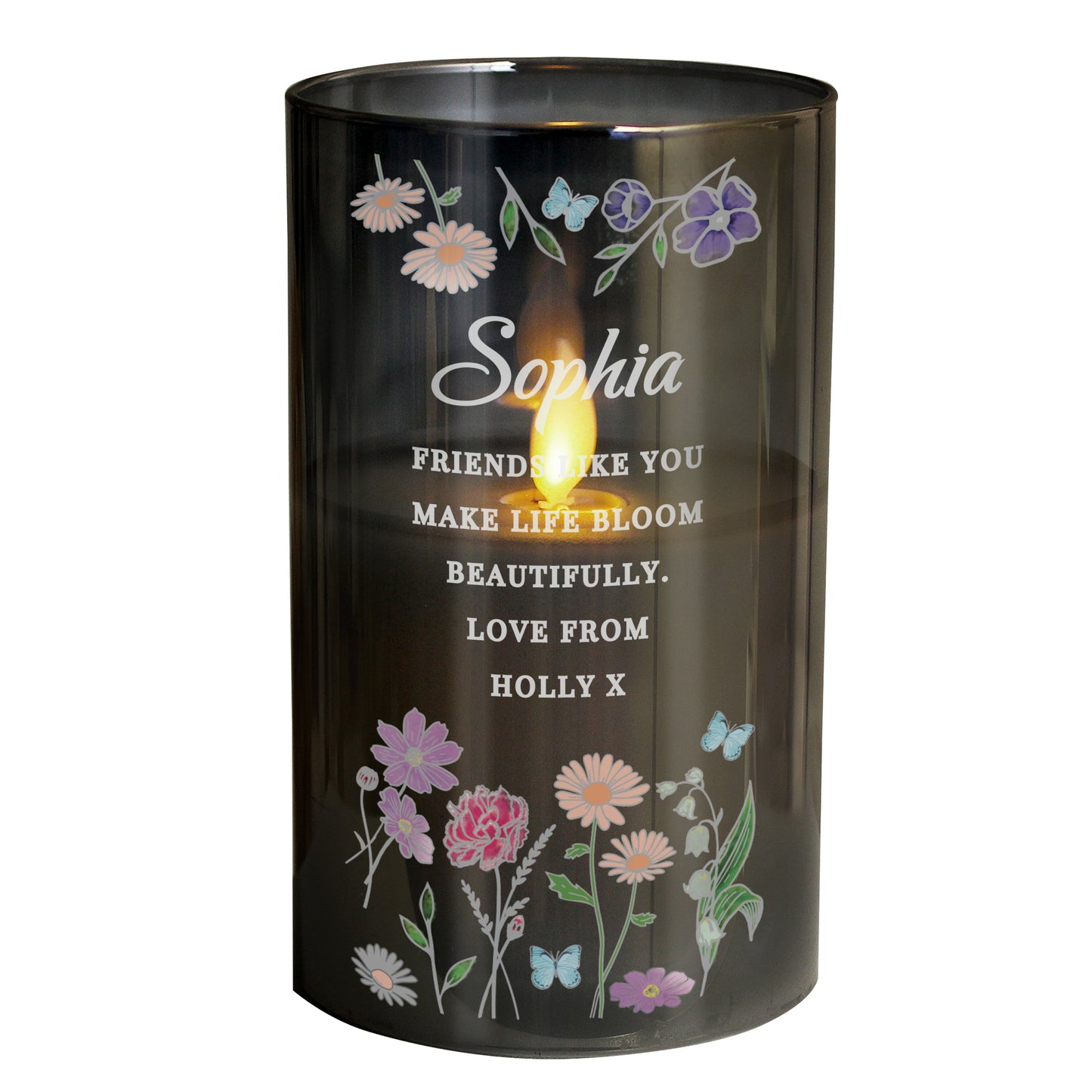 Personalised Wild Flowers Smoked Glass LED Candle - MK&JD Gifts