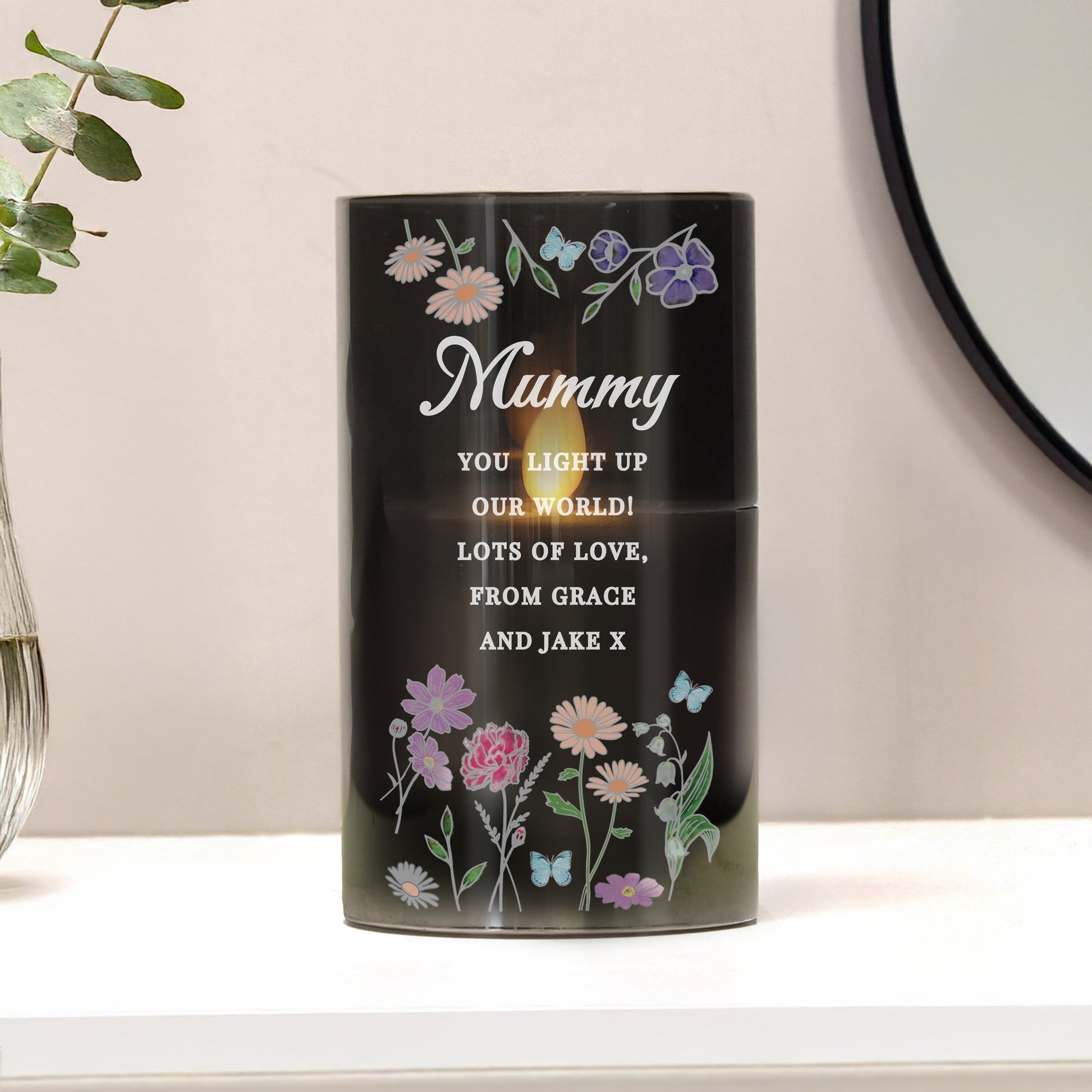 Personalised Wild Flowers Smoked Glass LED Candle - MK&JD Gifts