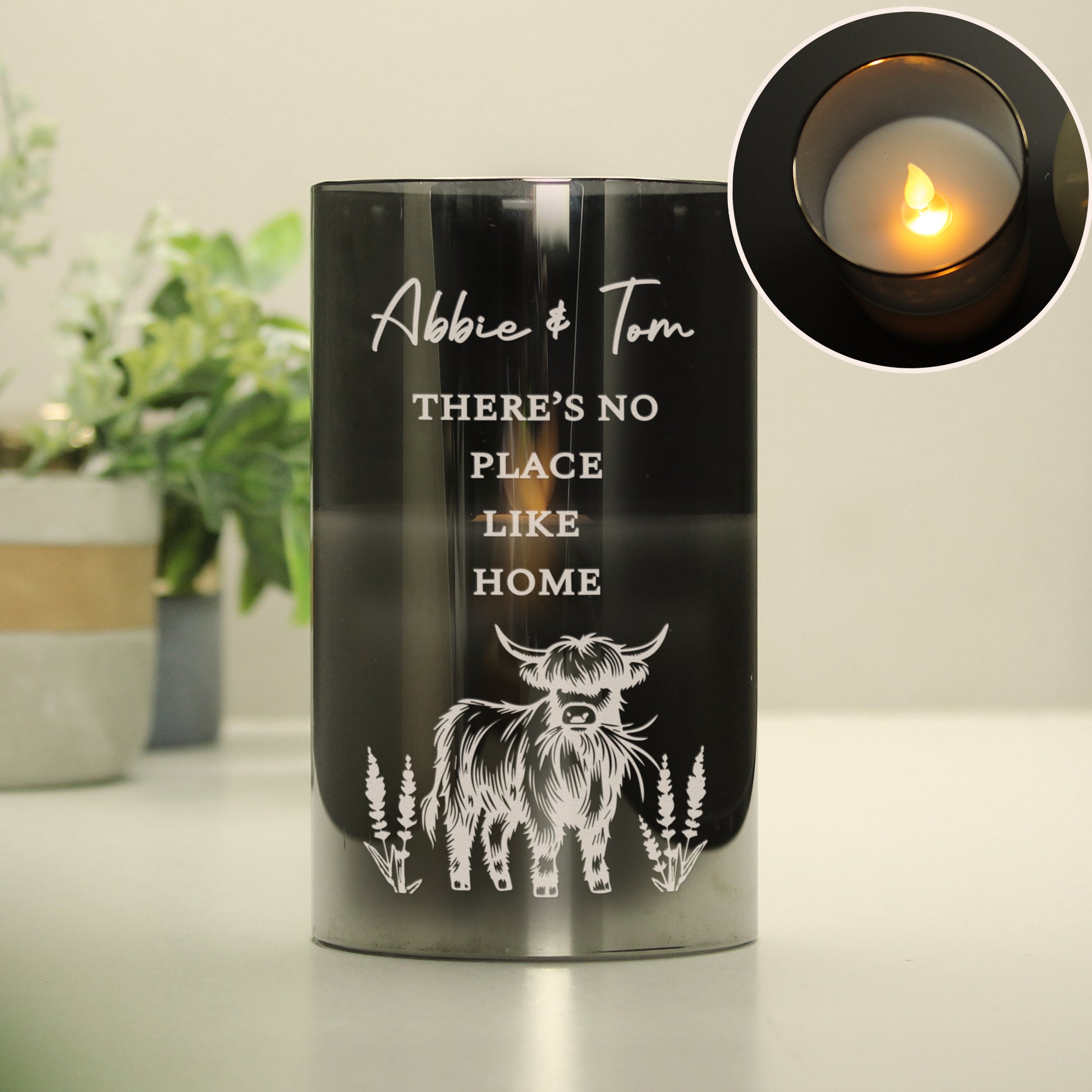 Personalised Highland Cow Glass LED Candle - MK&JD Gifts