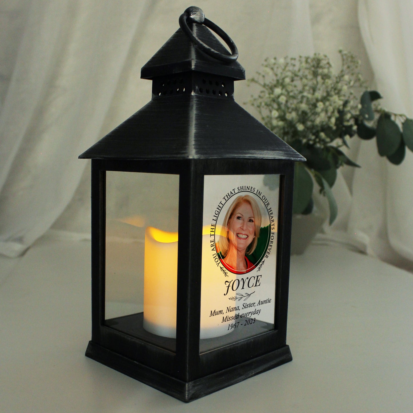 Personalised Light In Our Hearts Photo Upload Black Lantern - MK&JD Gifts