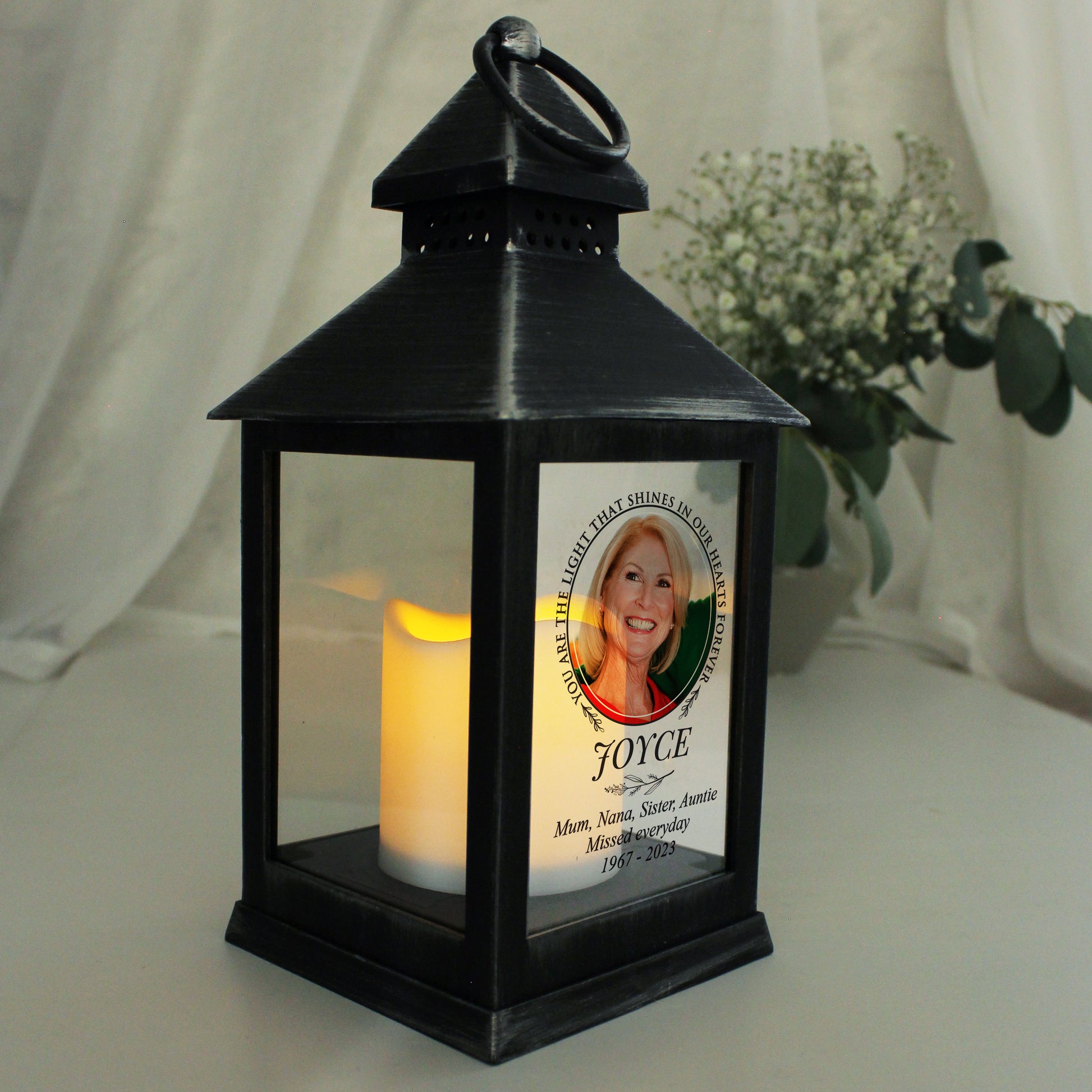 Personalised Light In Our Hearts Photo Upload Black Lantern - MK&JD Gifts