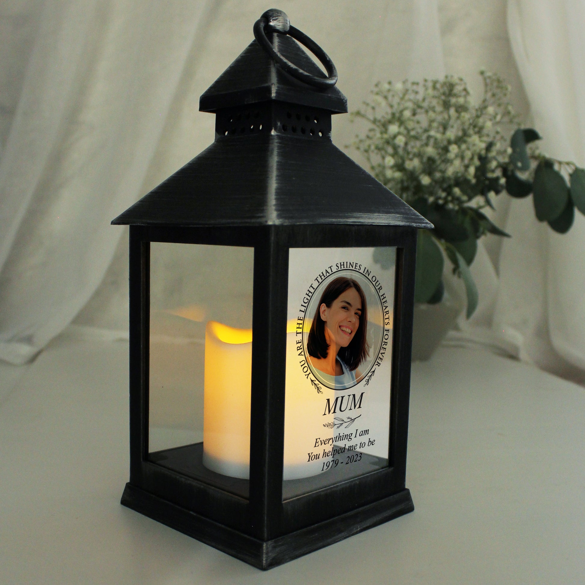 Personalised Light In Our Hearts Photo Upload Black Lantern - MK&JD Gifts