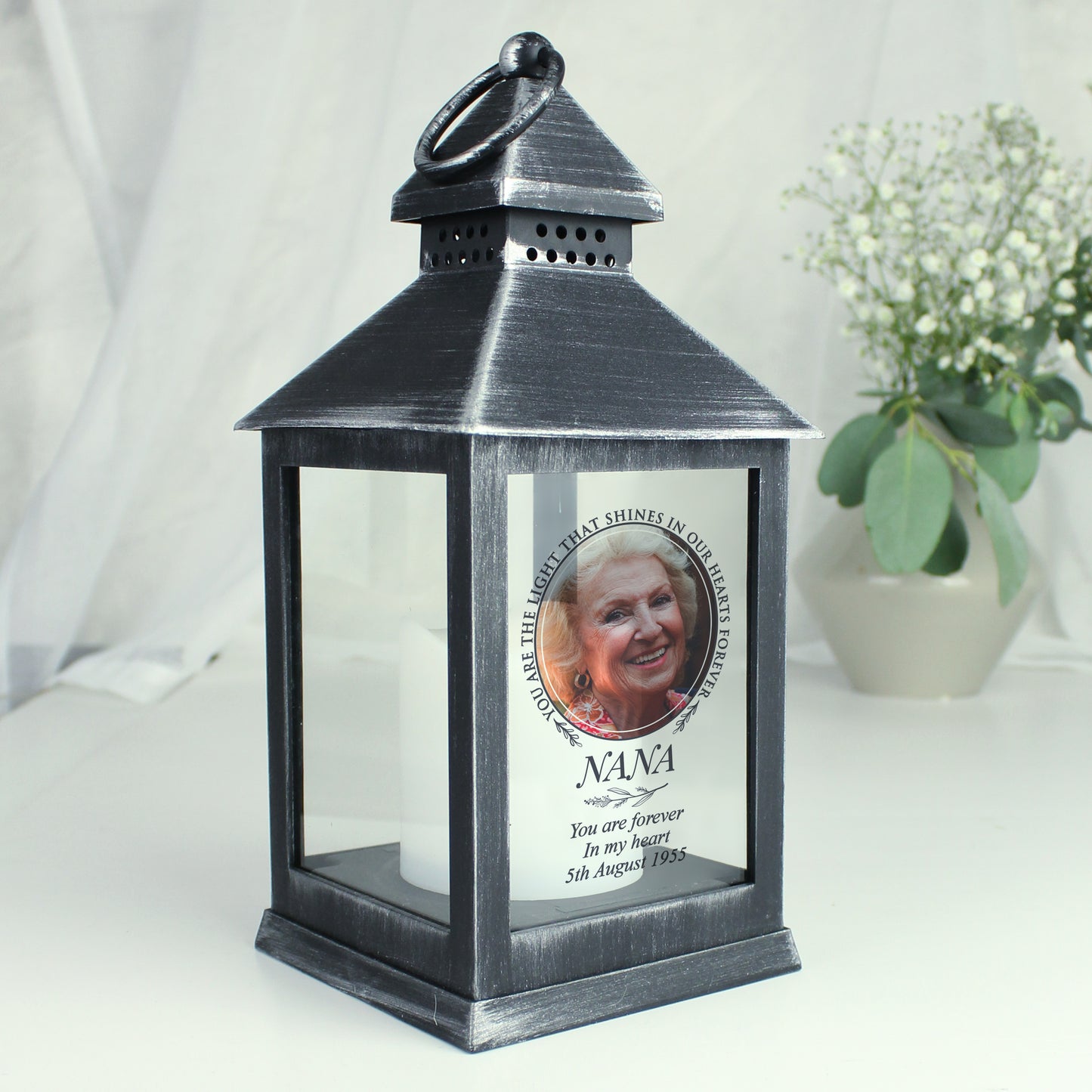 Personalised Light In Our Hearts Photo Upload Black Lantern - MK&JD Gifts