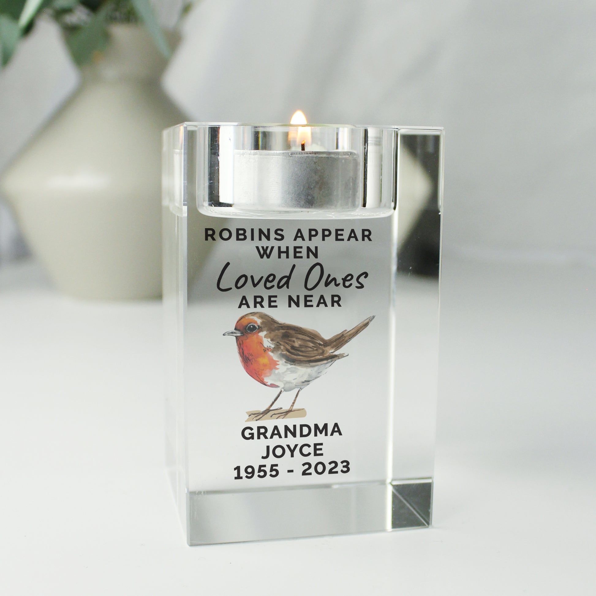 Personalised Robin Memorial Glass Tealight Holder - MK&JD Gifts