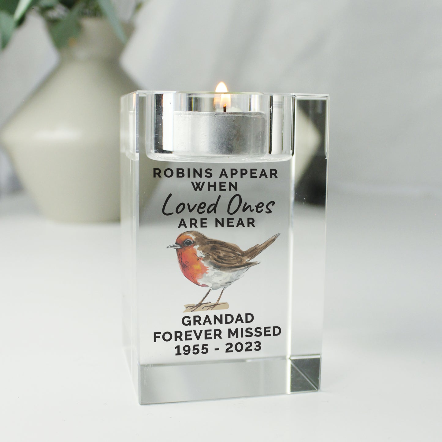 Personalised Robin Memorial Glass Tealight Holder - MK&JD Gifts
