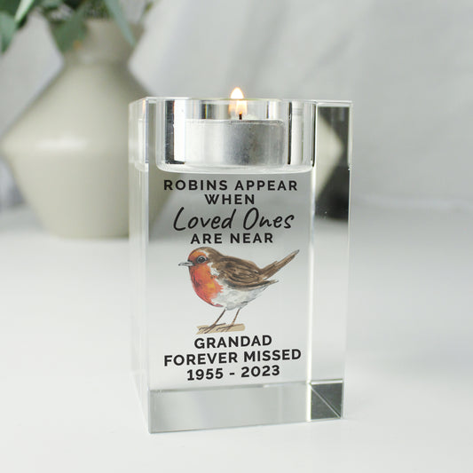 Personalised Robin Memorial Glass Tealight Holder - MK&JD Gifts