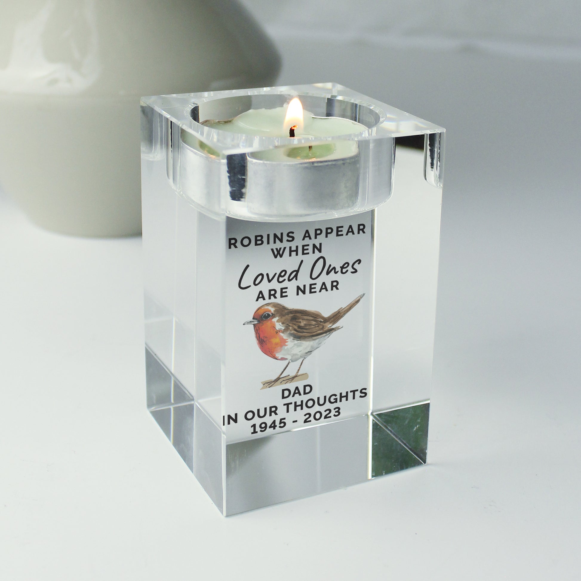 Personalised Robin Memorial Glass Tealight Holder - MK&JD Gifts