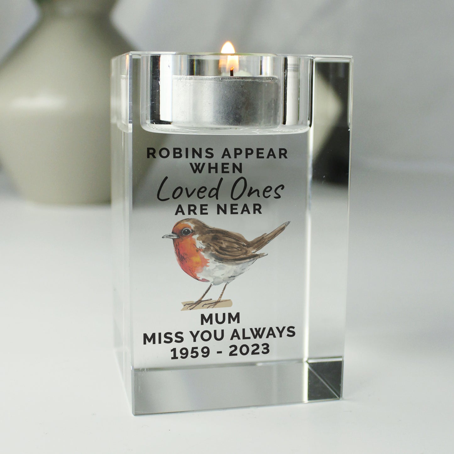Personalised Robin Memorial Glass Tealight Holder - MK&JD Gifts