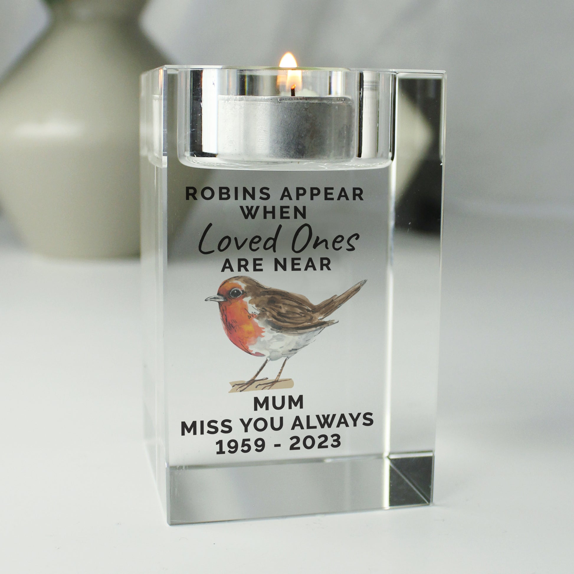 Personalised Robin Memorial Glass Tealight Holder - MK&JD Gifts