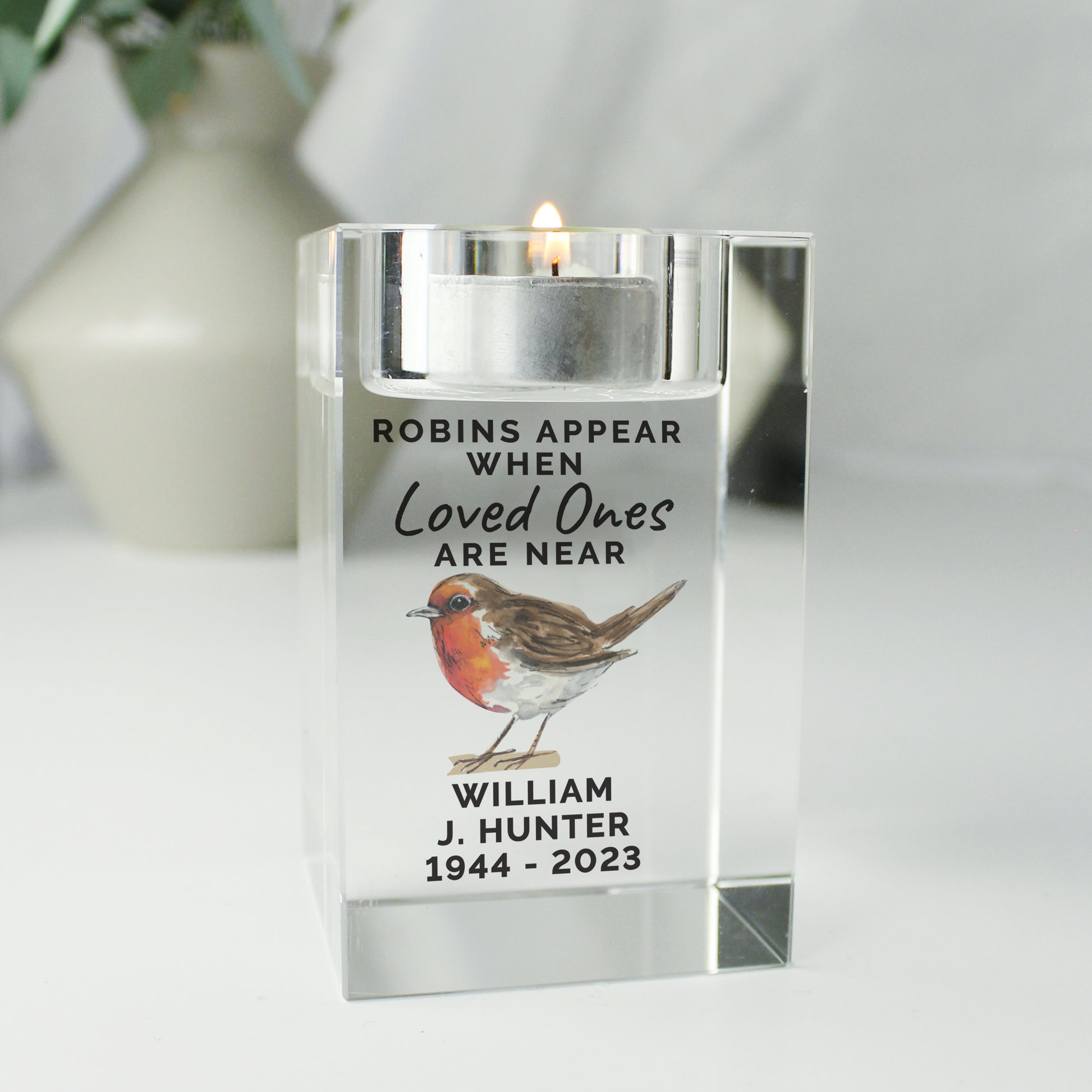 Personalised Robin Memorial Glass Tealight Holder - MK&JD Gifts