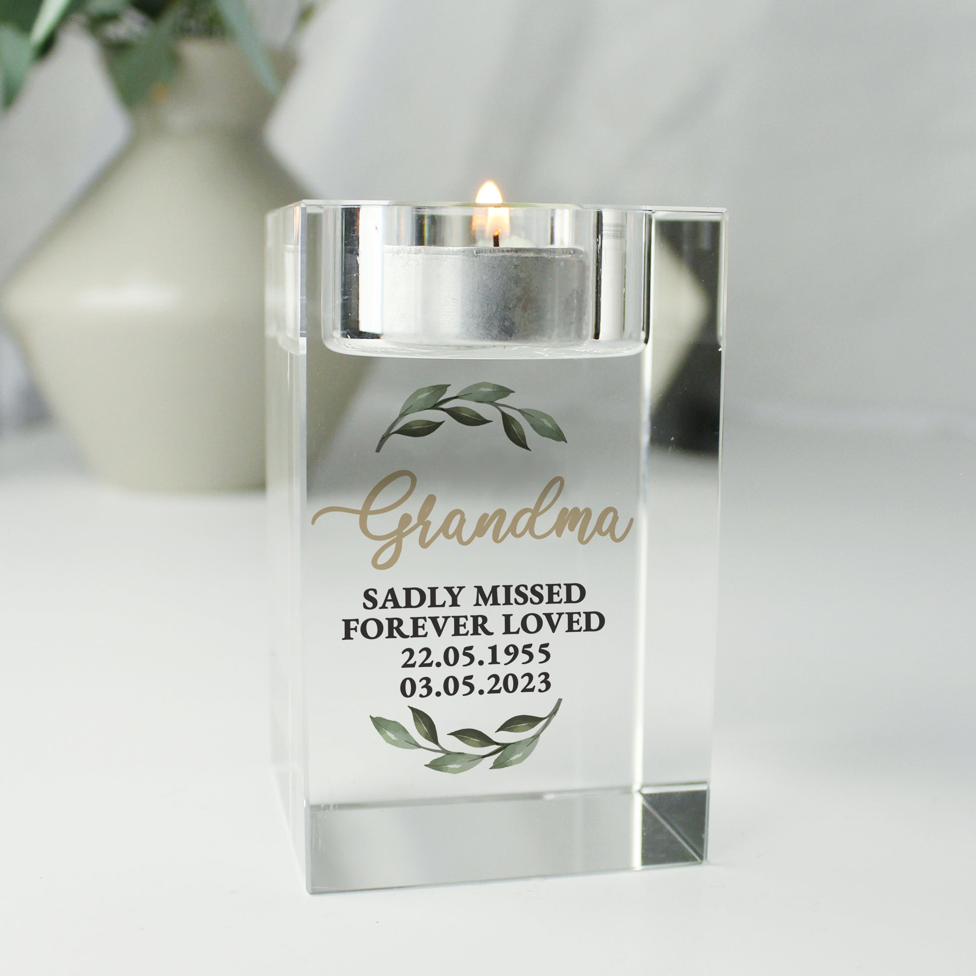 Personalised Botanical Memorial Glass Tealight Holder - MK&JD Gifts
