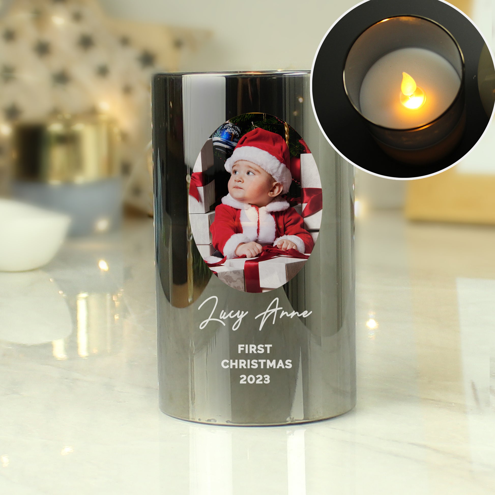 Personalised Photo Upload Smoked Glass LED Candle - MK&JD Gifts