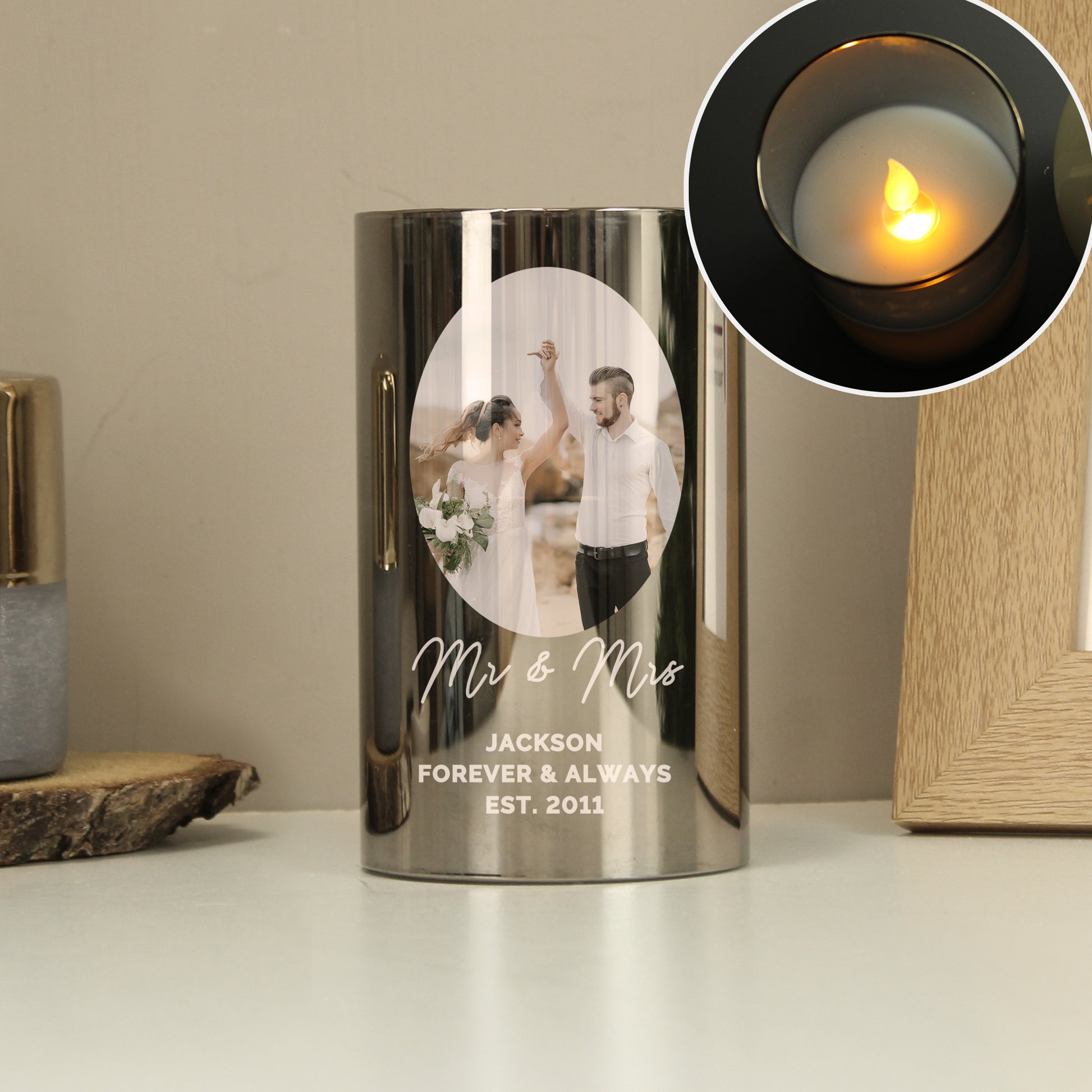 Personalised Photo Upload Smoked Glass LED Candle - MK&JD Gifts