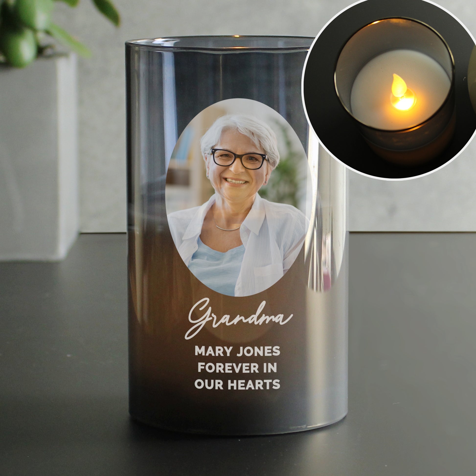 Personalised Photo Upload Smoked Glass LED Candle - MK&JD Gifts