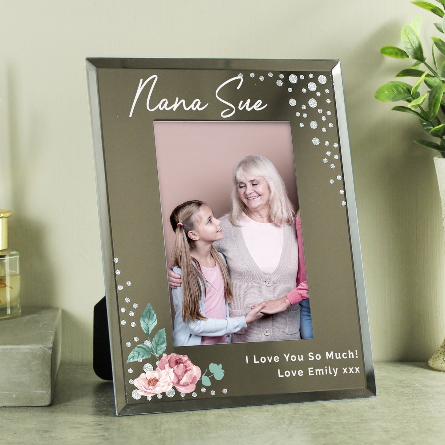Personalised Floral 6x4 Diamante Glass Photo Frame - MK&JD Gifts